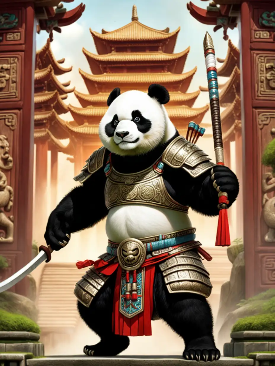 fantasy art, panda as a warrior, she is in front of a temple
