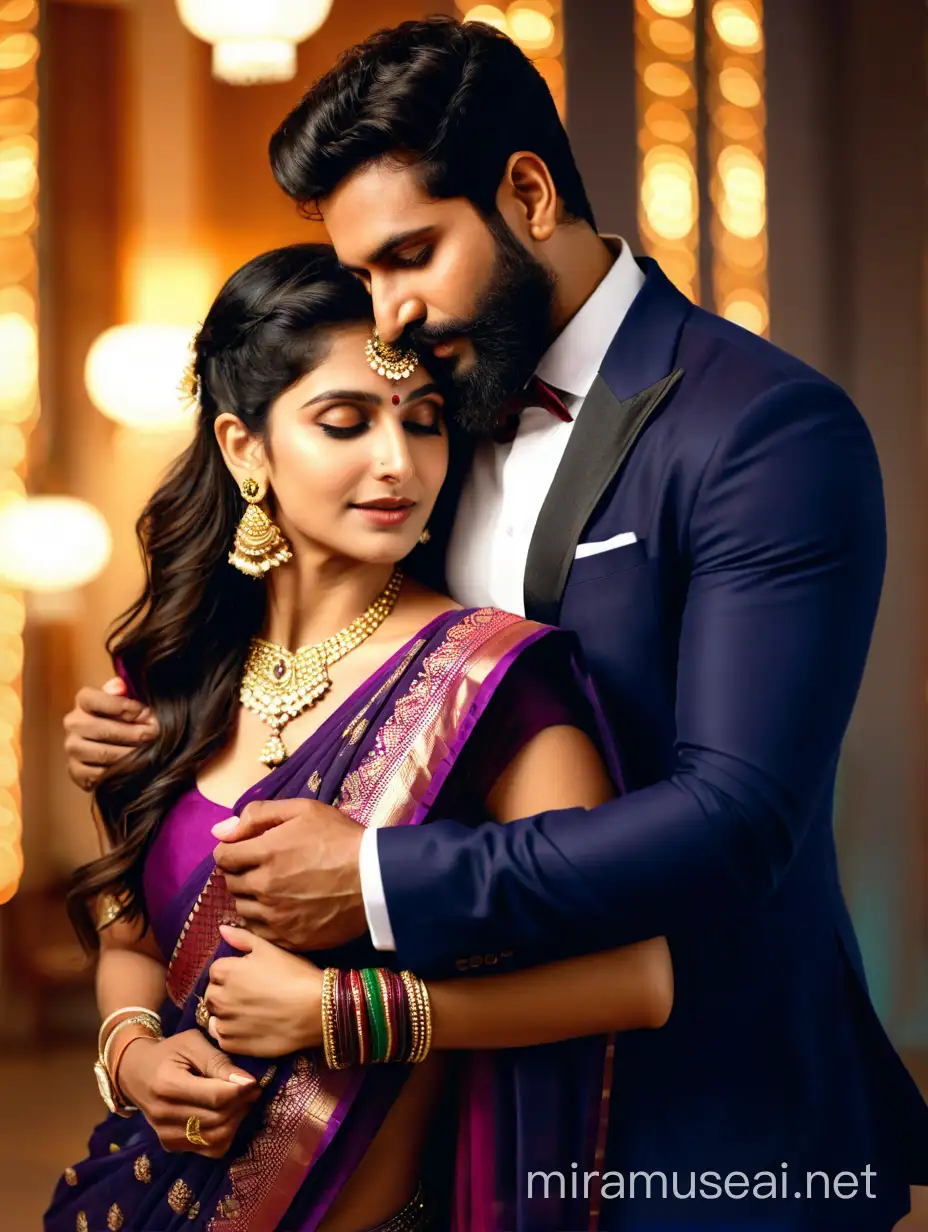 full photo of most beautiful european couple as most beautiful indian couple, most beautiful girl in saree, full makeup, holding man from back side, . hands around man neck from back of man, with emotional attachment and ecstasy, man with stylish beard and in formals and tie, photo realistic, 4k.