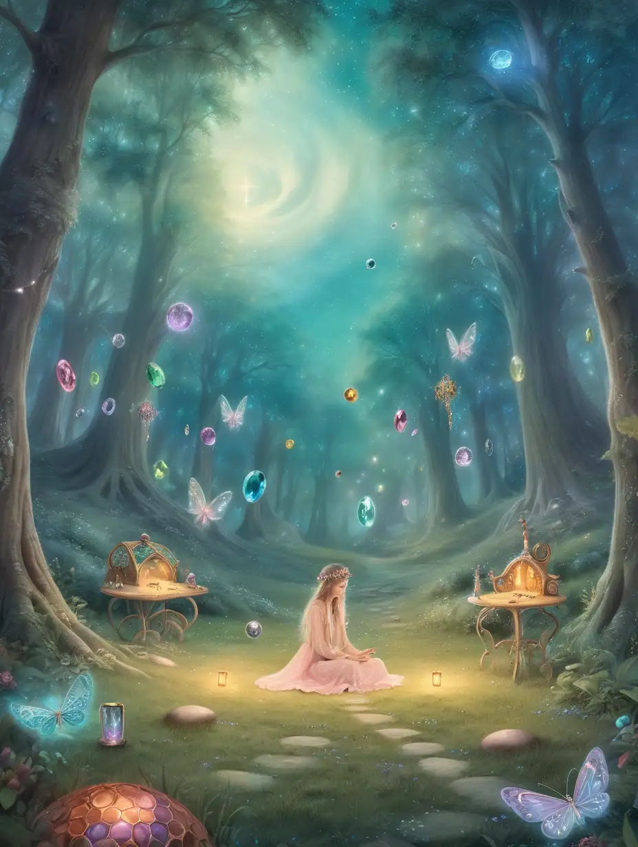 fairy circle, tonal colors, bohemian, park in the forest, jewels in the clouds