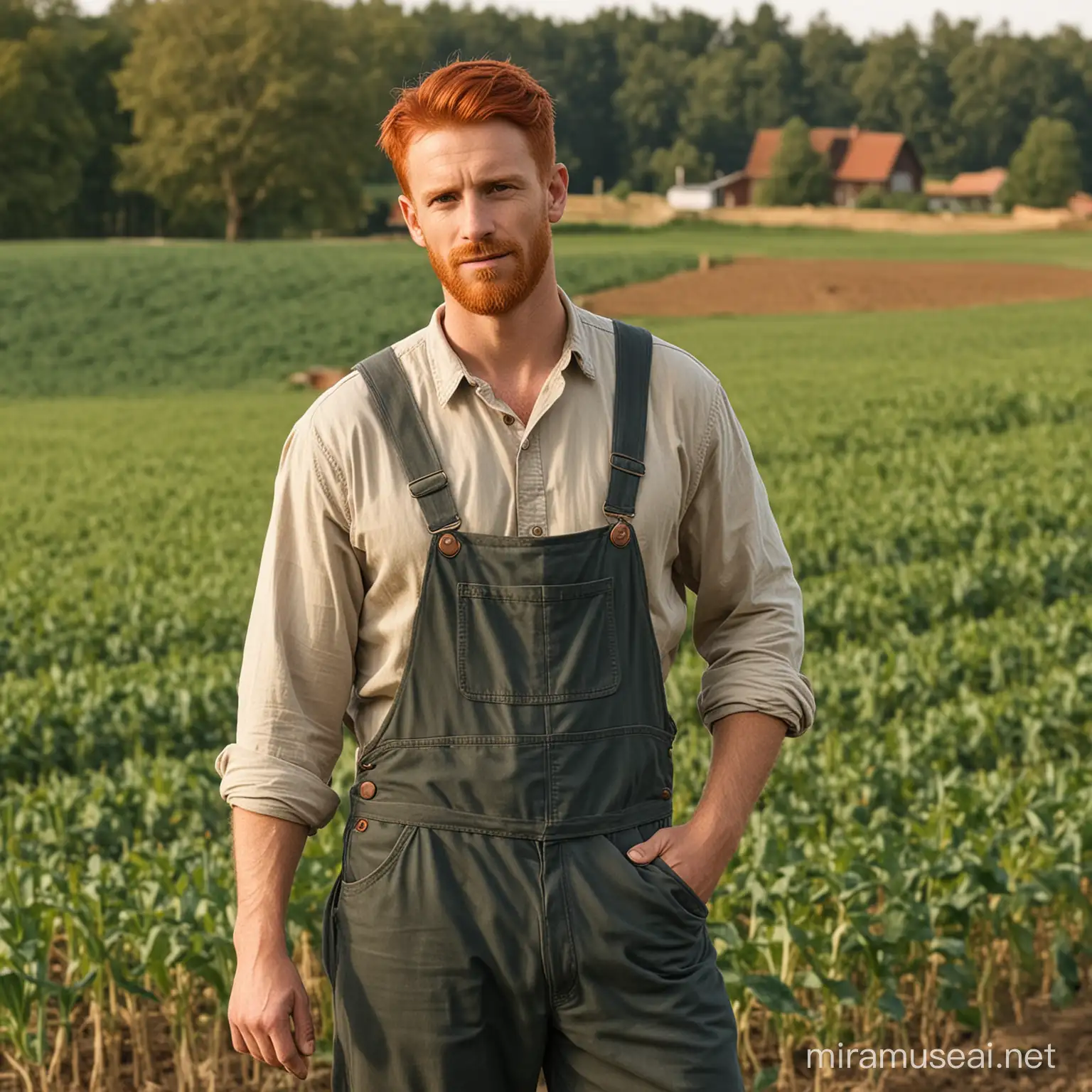RedHaired Farmer in Simple Clothing Tending Crops