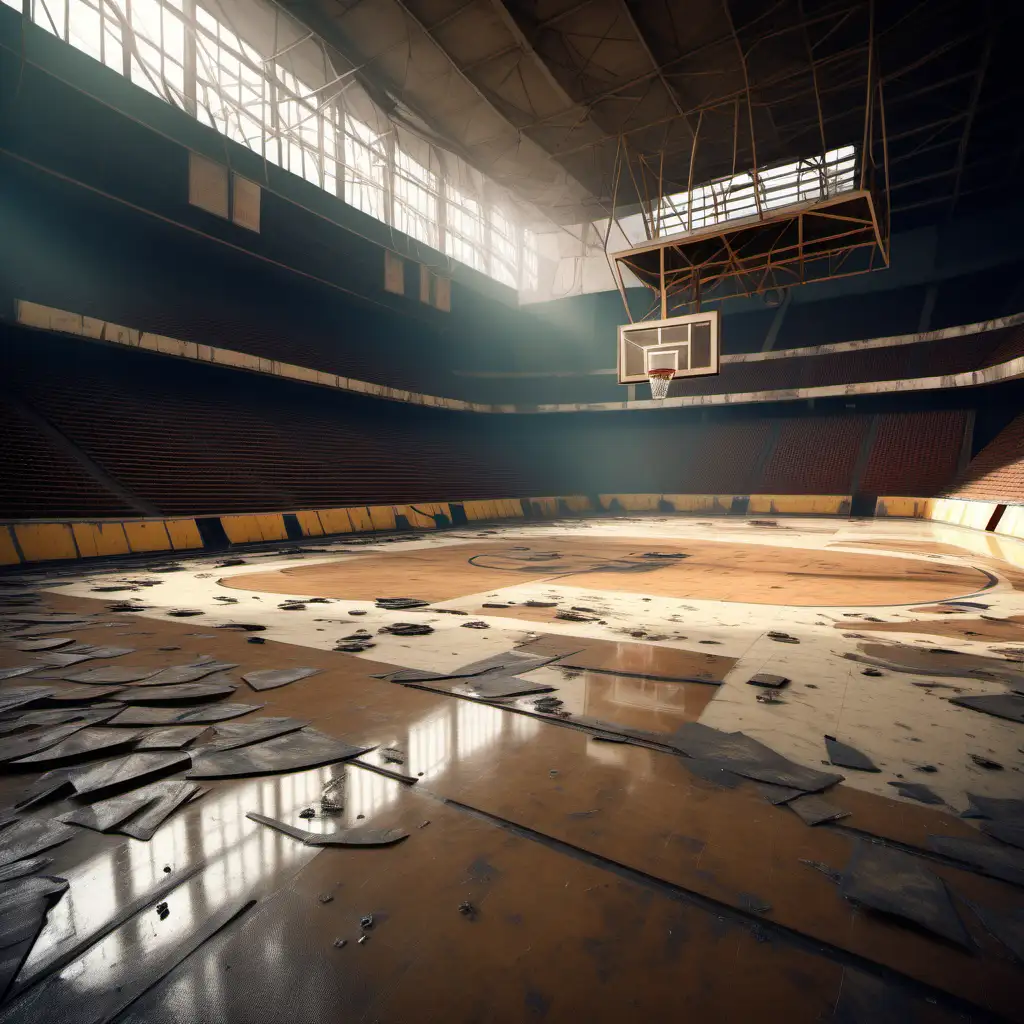 Vintage Basketball Arena with Dilapidated Floor and Unaware Crowd