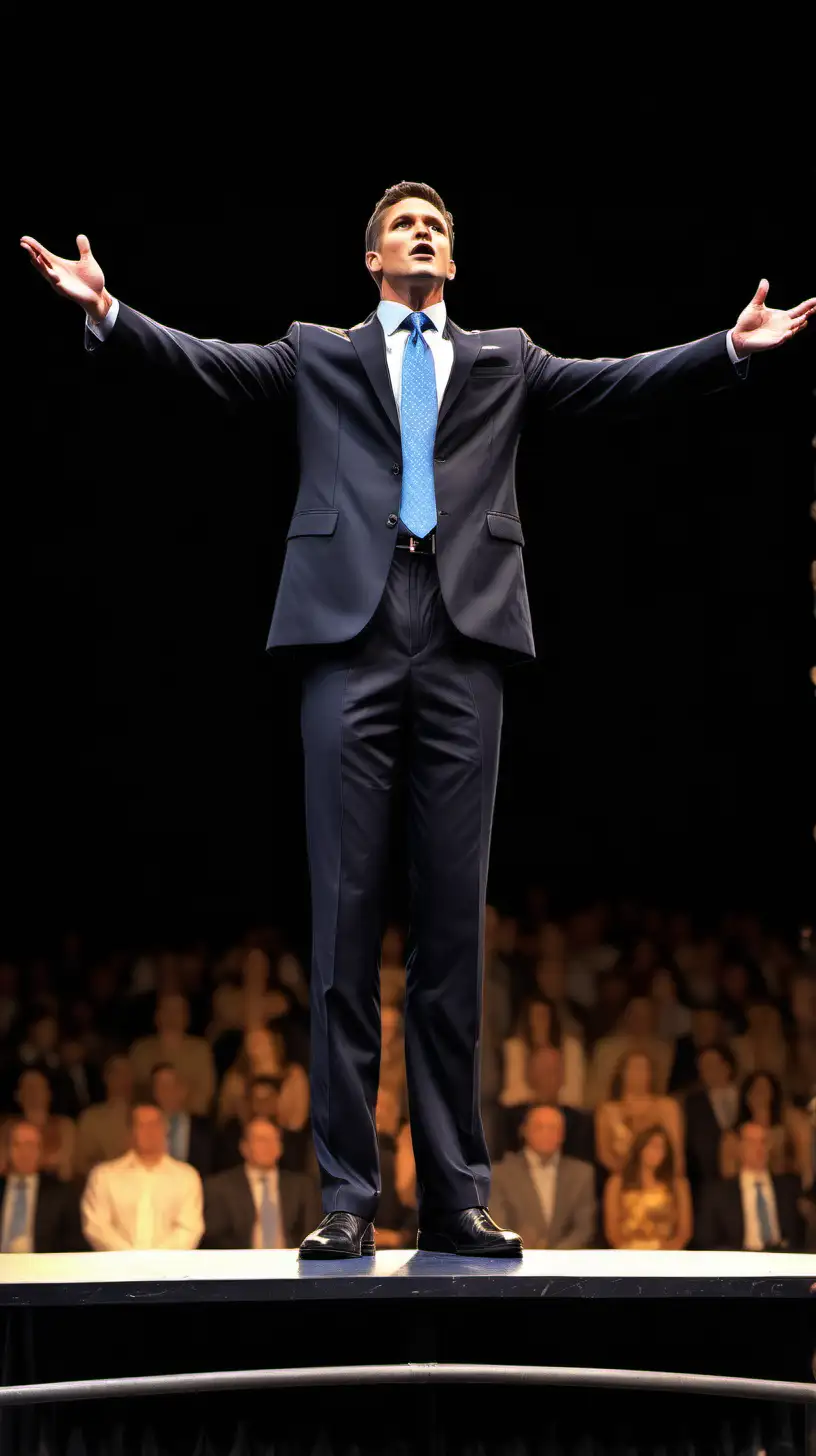  Certainly! Picture a charismatic man standing tall on a raised podium. He exudes confidence and determination as he addresses a captivated audience. The crowd is filled with anticipation, hanging onto his every word. The stage is well-lit, emphasizing the significance of the moment. This image represents the power of effective communication and the impact of a strong leader.