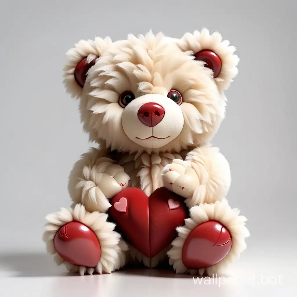 меховой игрушечный медвежонок,  с сердечком в лапках. в кадре полностью. чёткость и качество. белый фон
