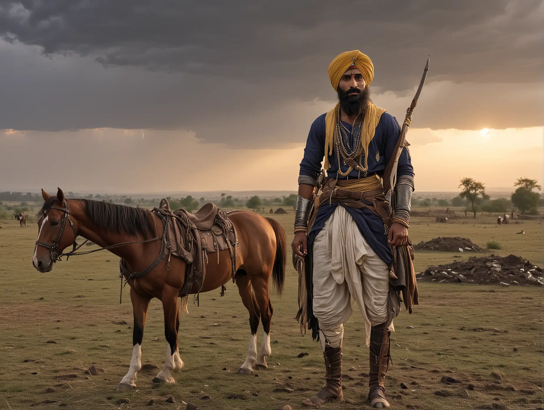 Single Sikh warrior in tattered clothing after a battle. lightening on the horizon with a fort in the background. Solace. Riding his horse away from the battle that just took place.