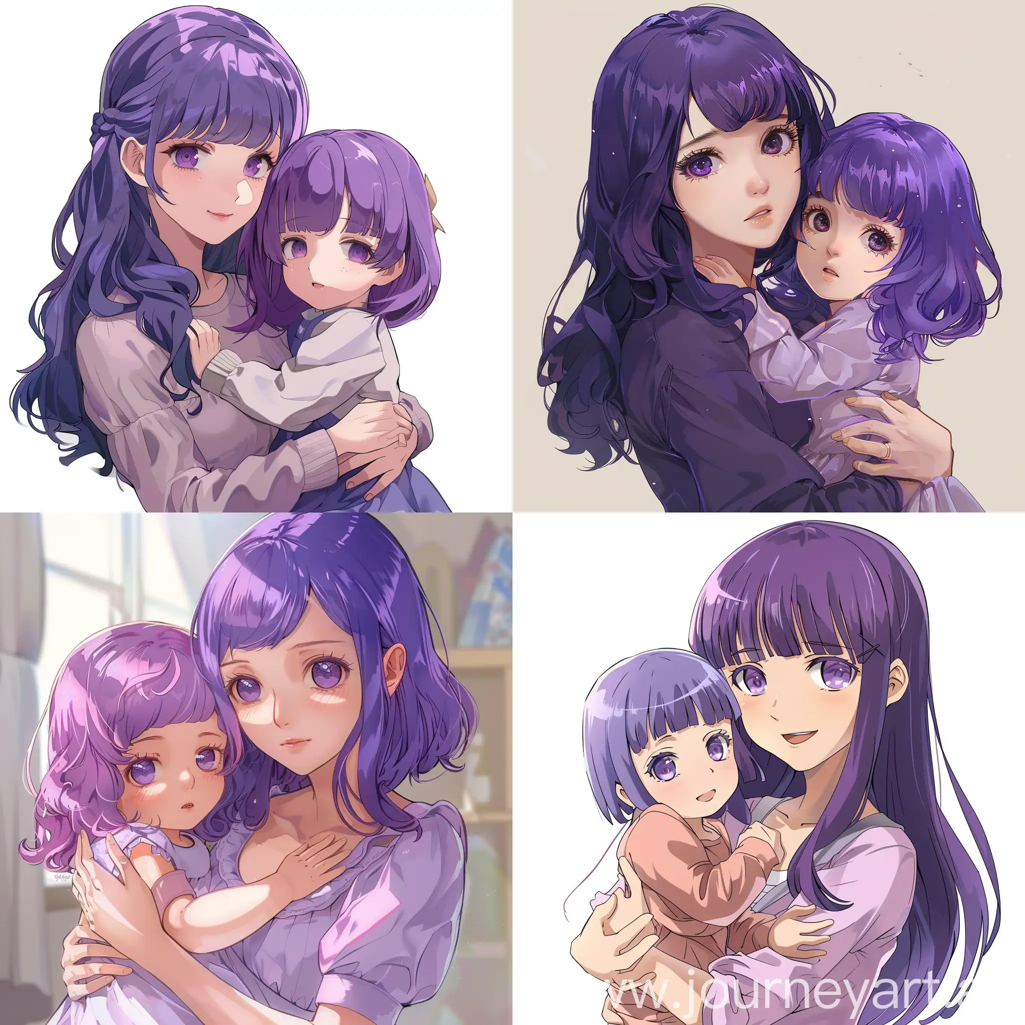 Cute anime mothing holding her one year old daughter, the daughter looks like her mom. Purple hair