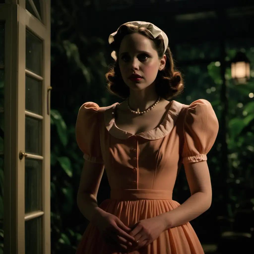 Actress Felicity Jones as Miss Peach snooty aloof religious peach dress 1940's in dark conservatory dimly lit in at night