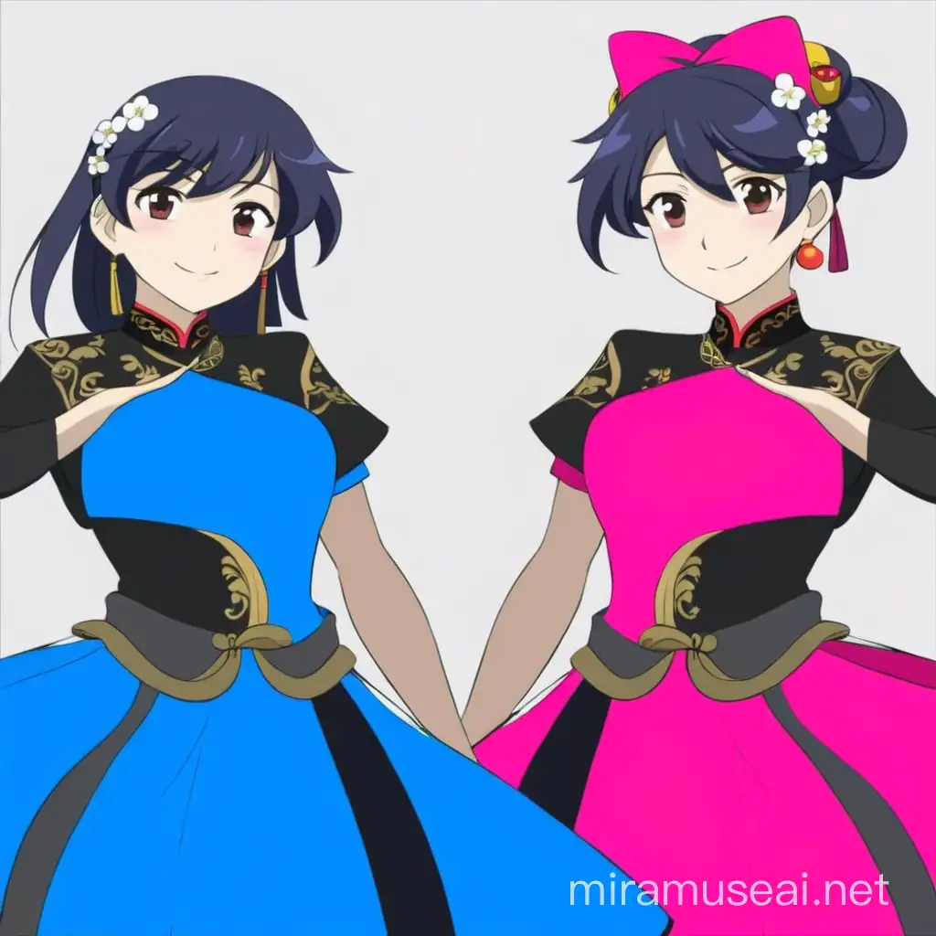 2D anime style of Chinese twins. One Princess of China and One Princess of Hawaii.