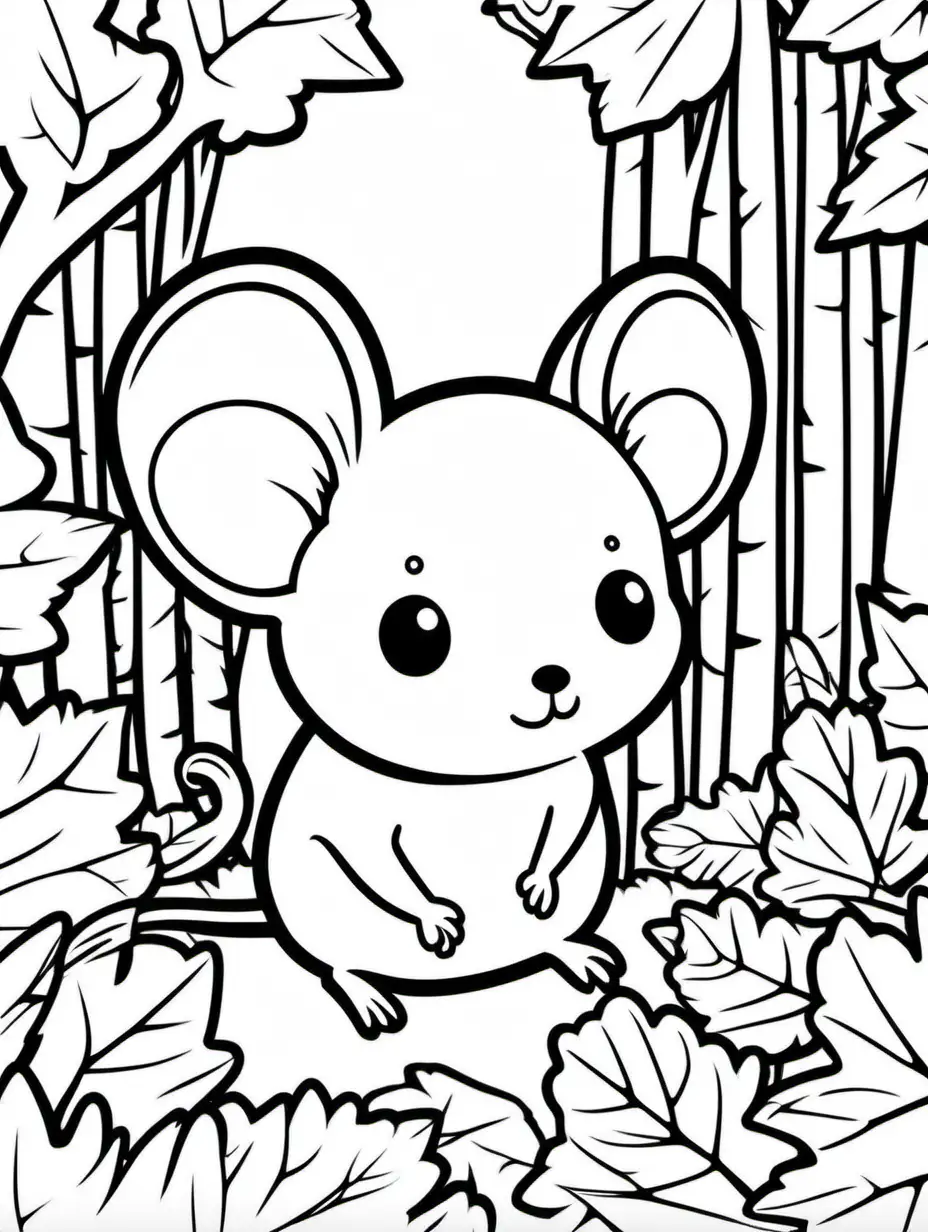 Whimsical Forest Scene Adorable Mouse in Black and White Sketch