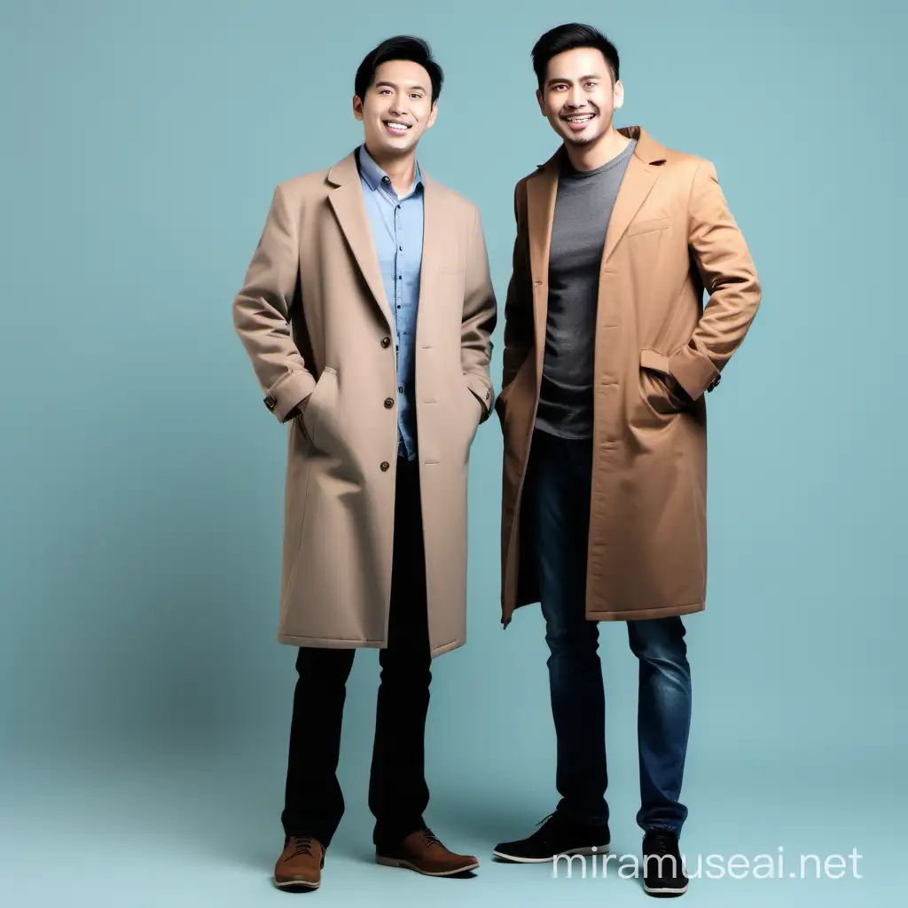 2 men standing wear long coat happy because have found solution , full body
