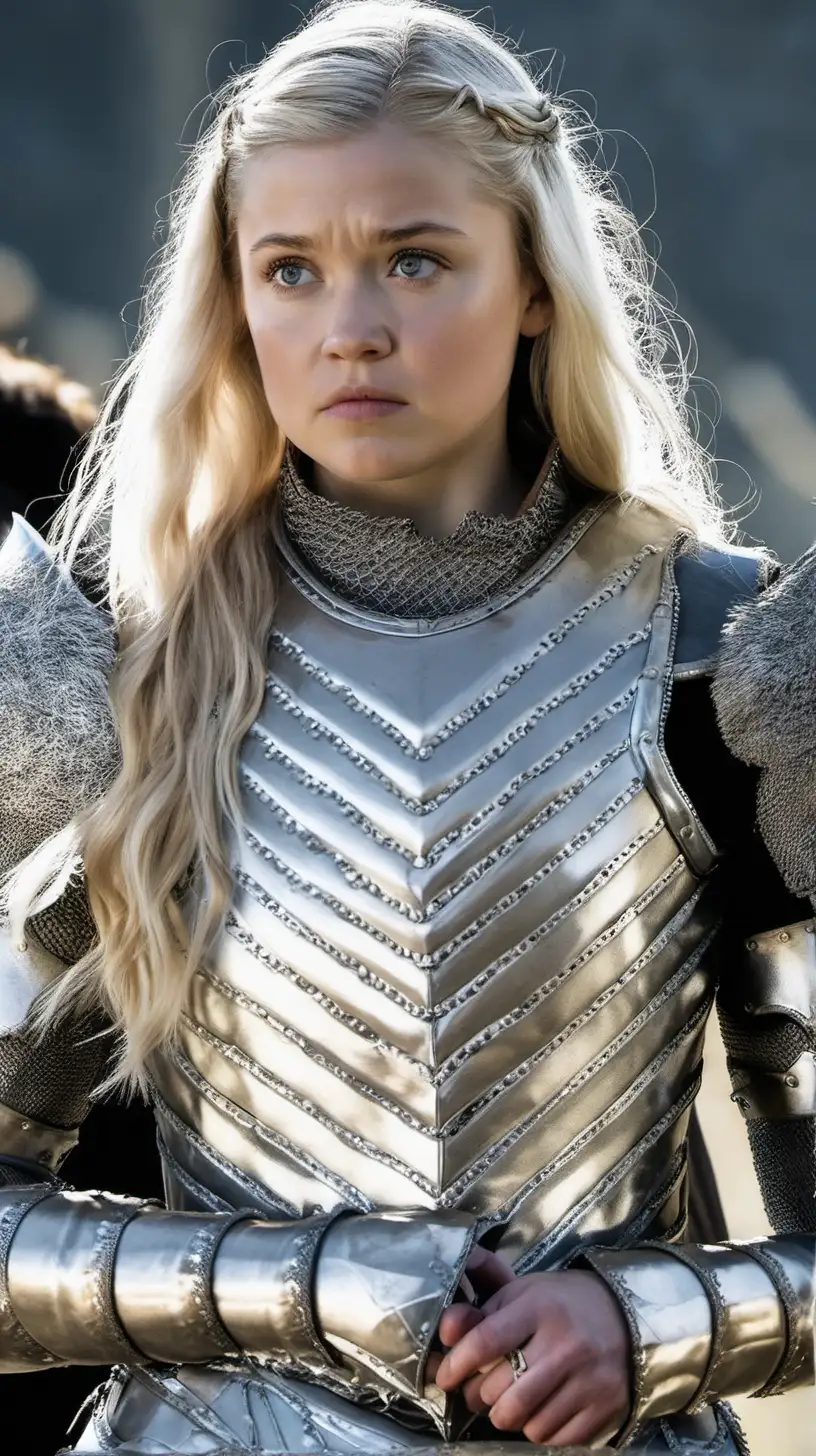 Georgia Hirst wearing silver armor in Game of Thrones
