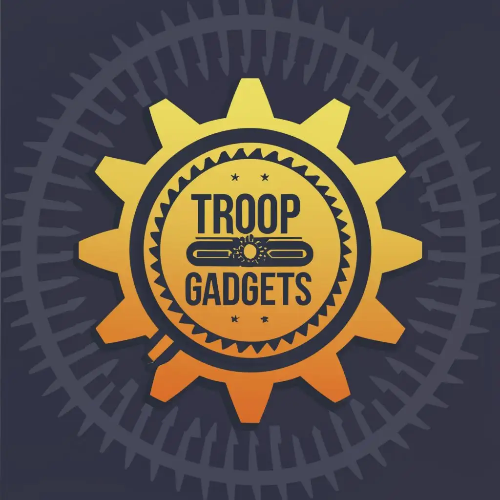 logo, Gear, with the text "Troop Gadgets", typography, be used in Technology industry