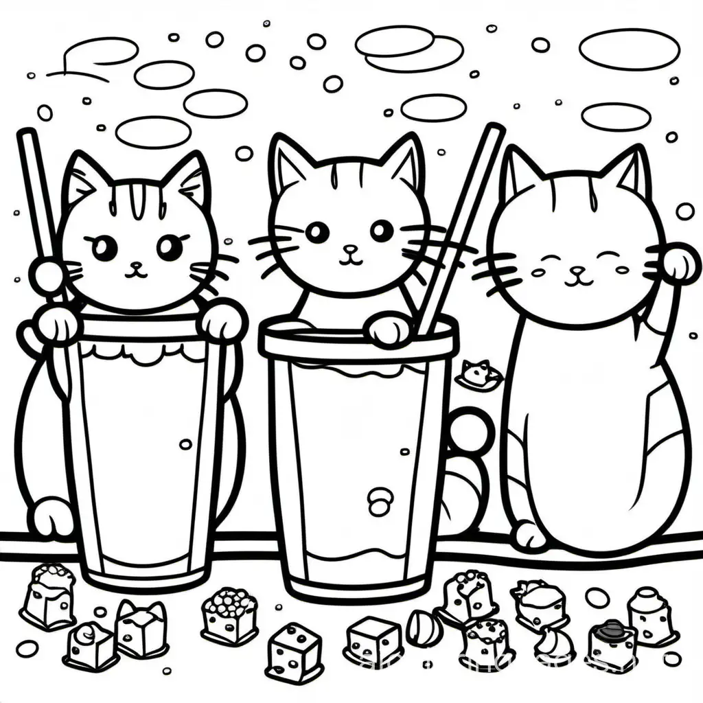 cats drinking boba tea, Coloring Page, black and white, line art, white background, Simplicity, Ample White Space. The background of the coloring page is plain white to make it easy for young children to color within the lines. The outlines of all the subjects are easy to distinguish, making it simple for kids to color without too much difficulty