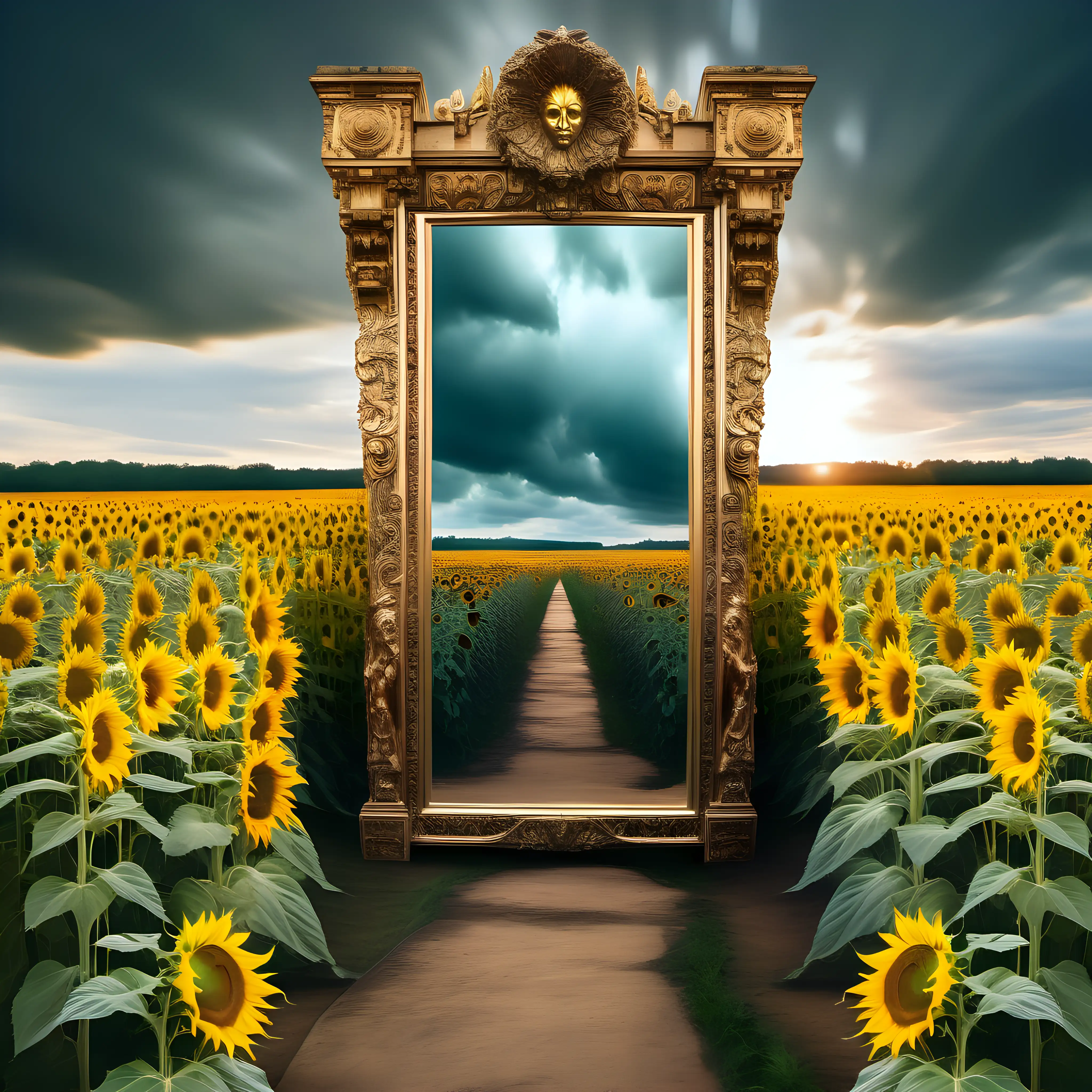 Enchanting Journey Through Sunflower Meadows to an Ancient Ornate Mirror