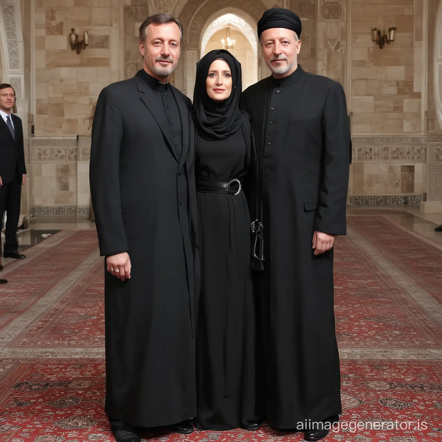 red haired Gillian Anderson marrying President Erdogan, he asked Gillian to dress accordingly to his Muslim faith and wear a floor-length black abaya with long black hijab and stand demurely beside him as Emine Erdogan , his newlywed devoted wife