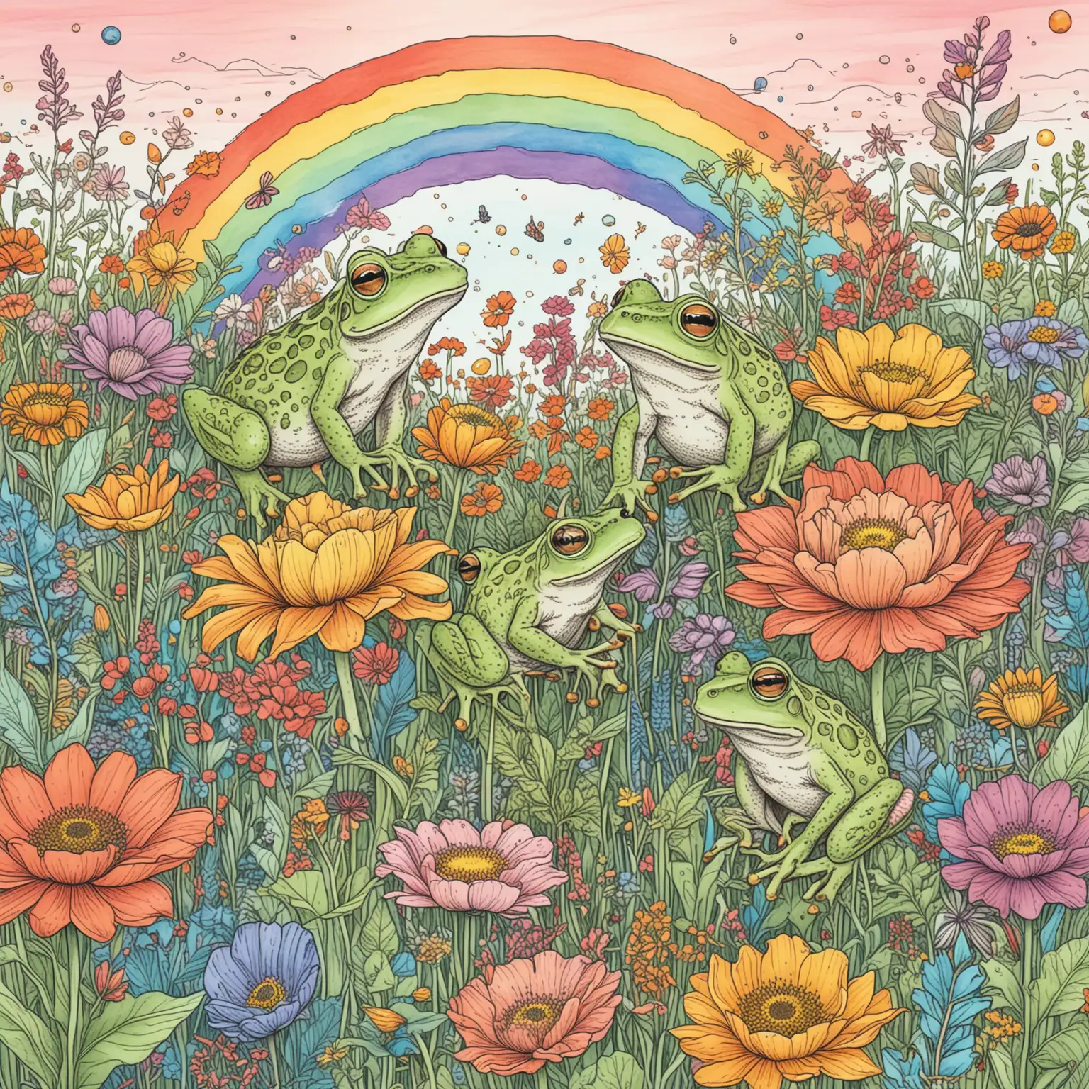 simple color line drawing of frogs and feathers in a beautiful rainbow field of random flowers
