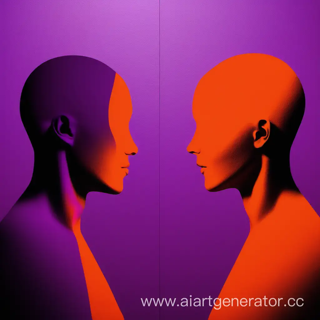 Two people look at each other on a purple and orange abstract background