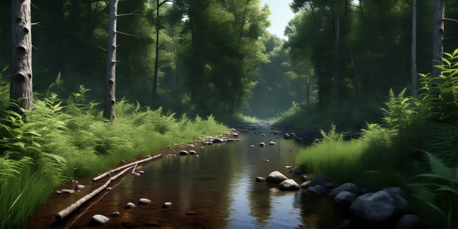 Forrest in the summer with little river very realistic many small details photorealism ultra high detail