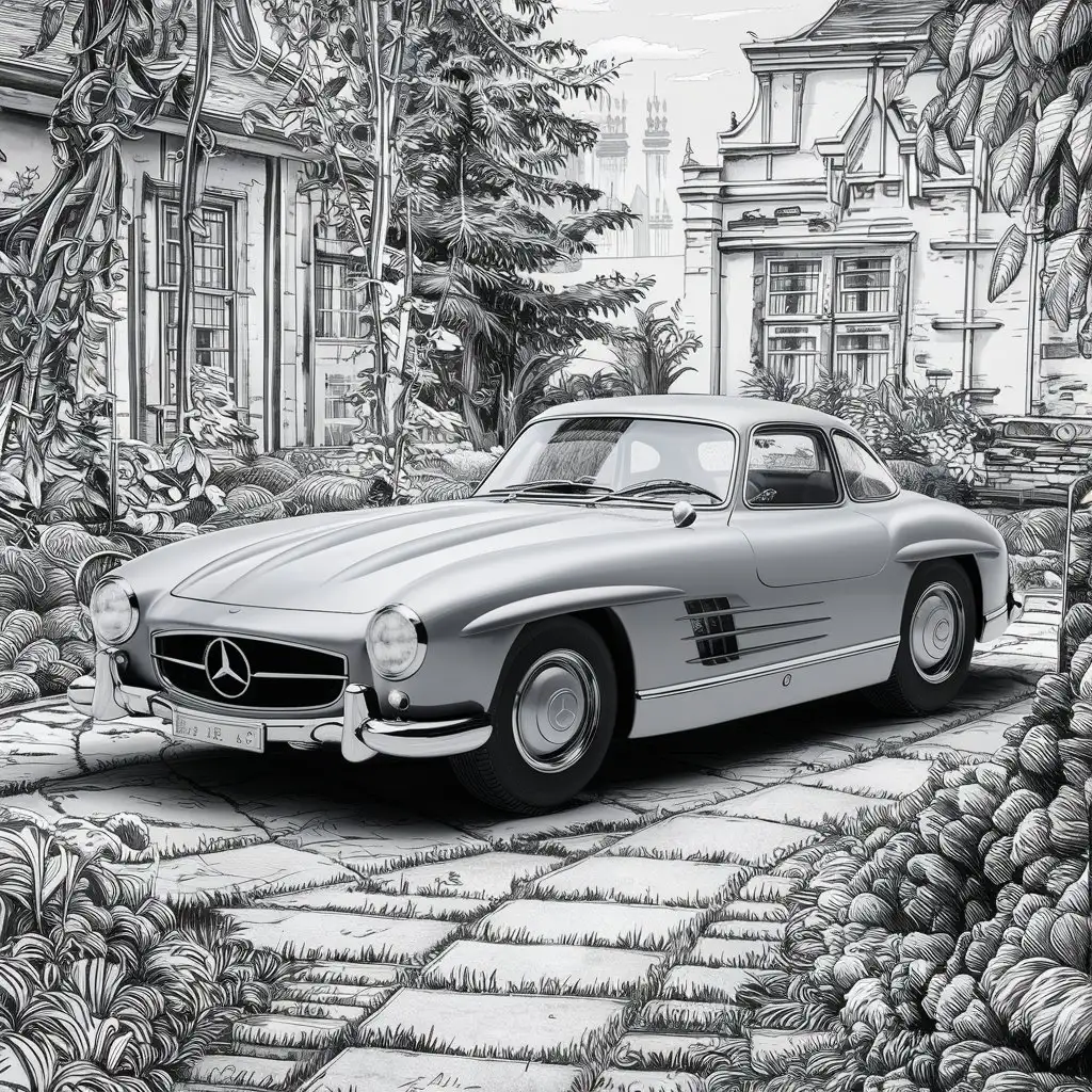 Vintage MercedesBenz 300 SL Parked in Monochrome Garden Coloring Page