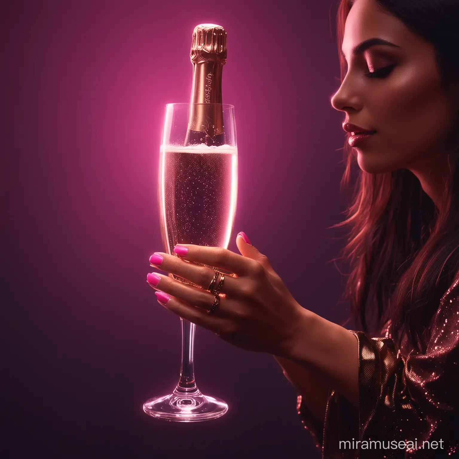 ultra realistic latin woman hand, with pink nails, holding a gold champagne bottle, in dark fiery cinematic neon lighting