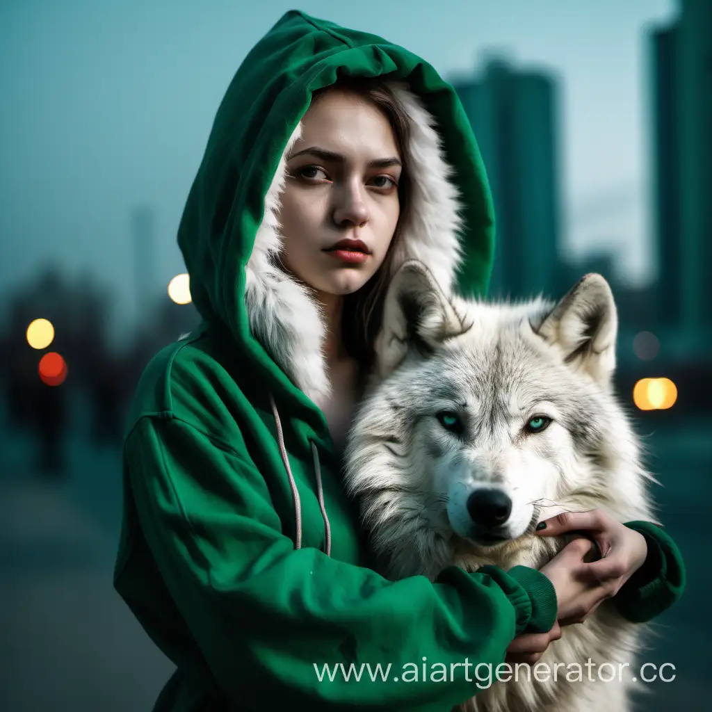 Грустная девушка 25 лет в зеленом капюшоне с мехом стоит возле белого волка. Вечерний город. 
