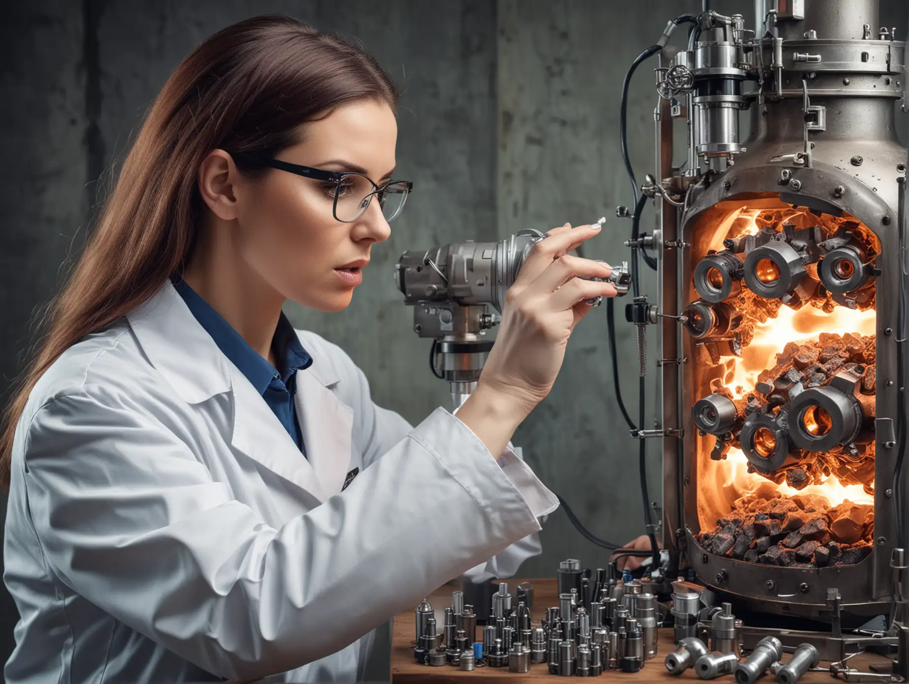 large breasted female scientist investigating heavy metal detox