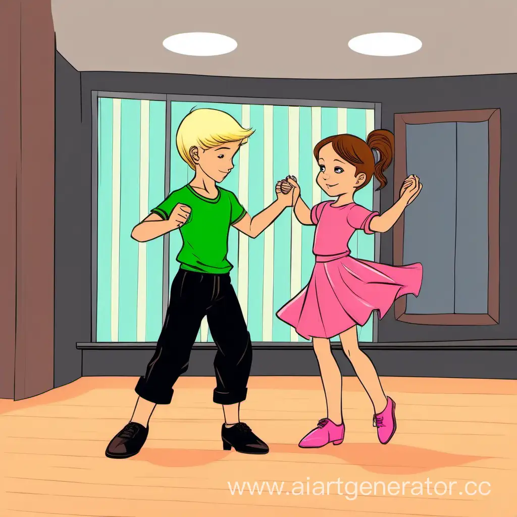 Маленький мальчик и девочка танцует бальные танцы и их тренирует тренер .Мальчик блондин одет в зелёную футболку и брюки а девочка в чёрных шортах розовом топике и в туфельках коричневые волосы