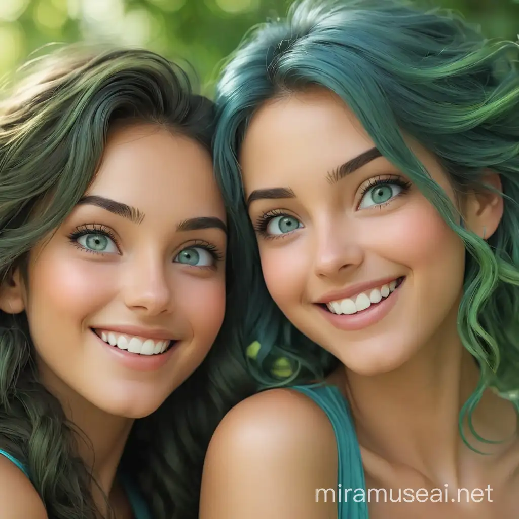 Two Beautiful Women Smiling with Blue and Green Eyes