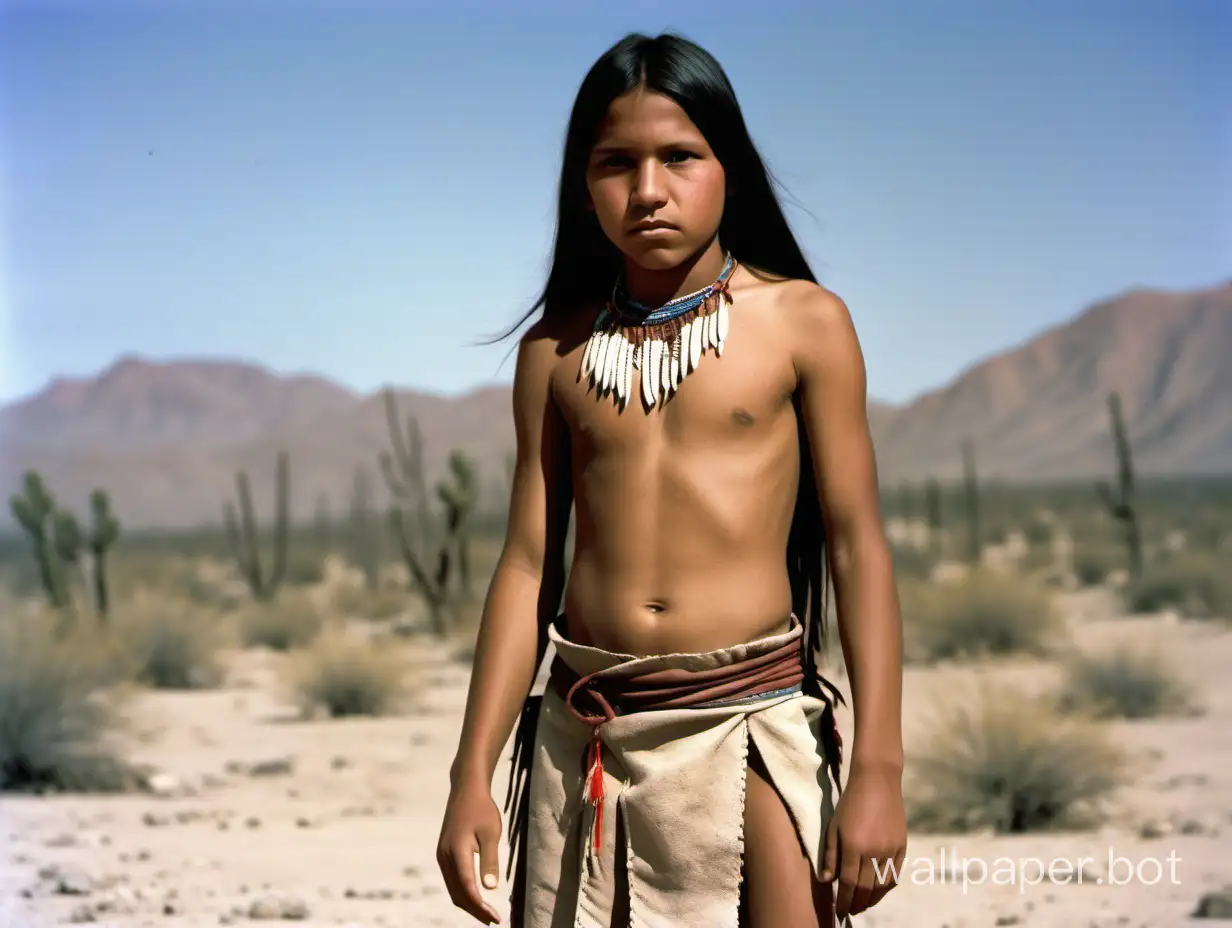 Native American girl from the Apache tribe, 15 years old, in a loincloth in the desert photo