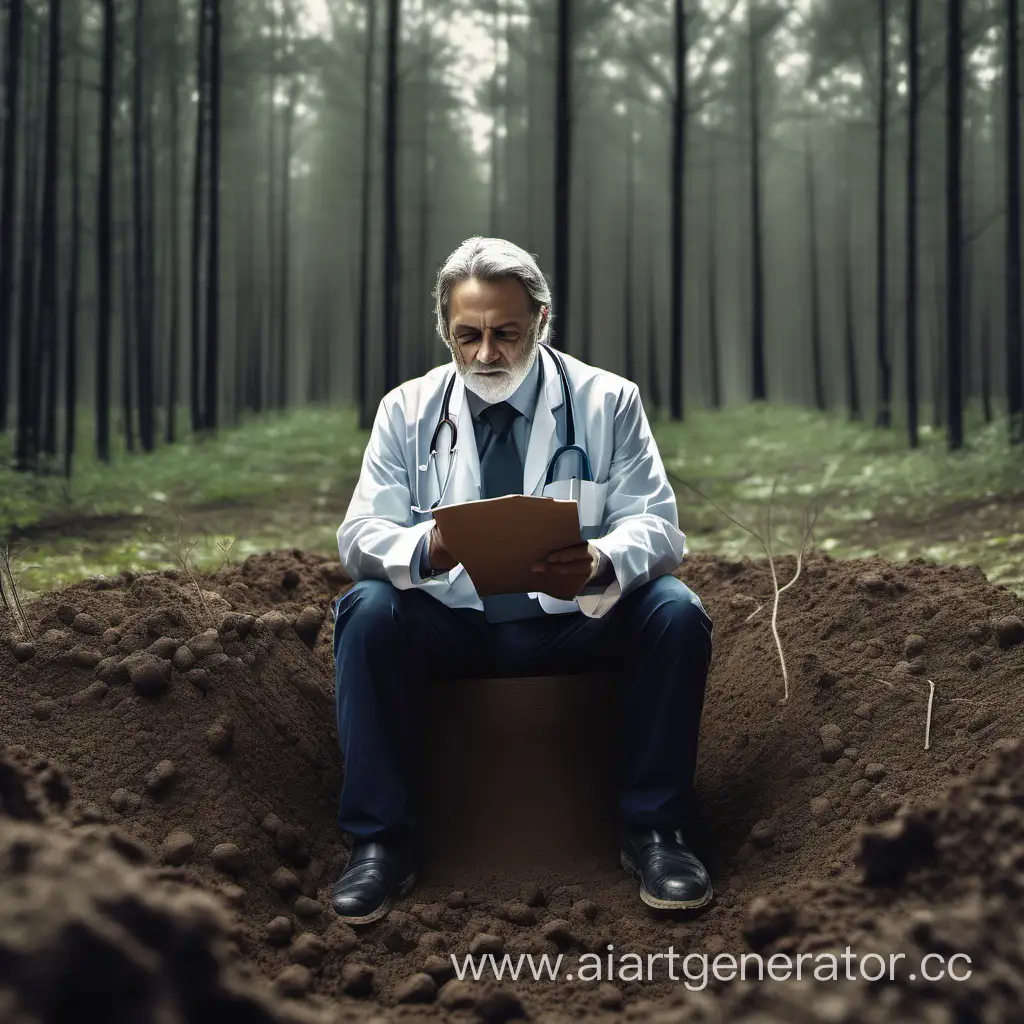Pedologist sitting in a soil profile in the forest