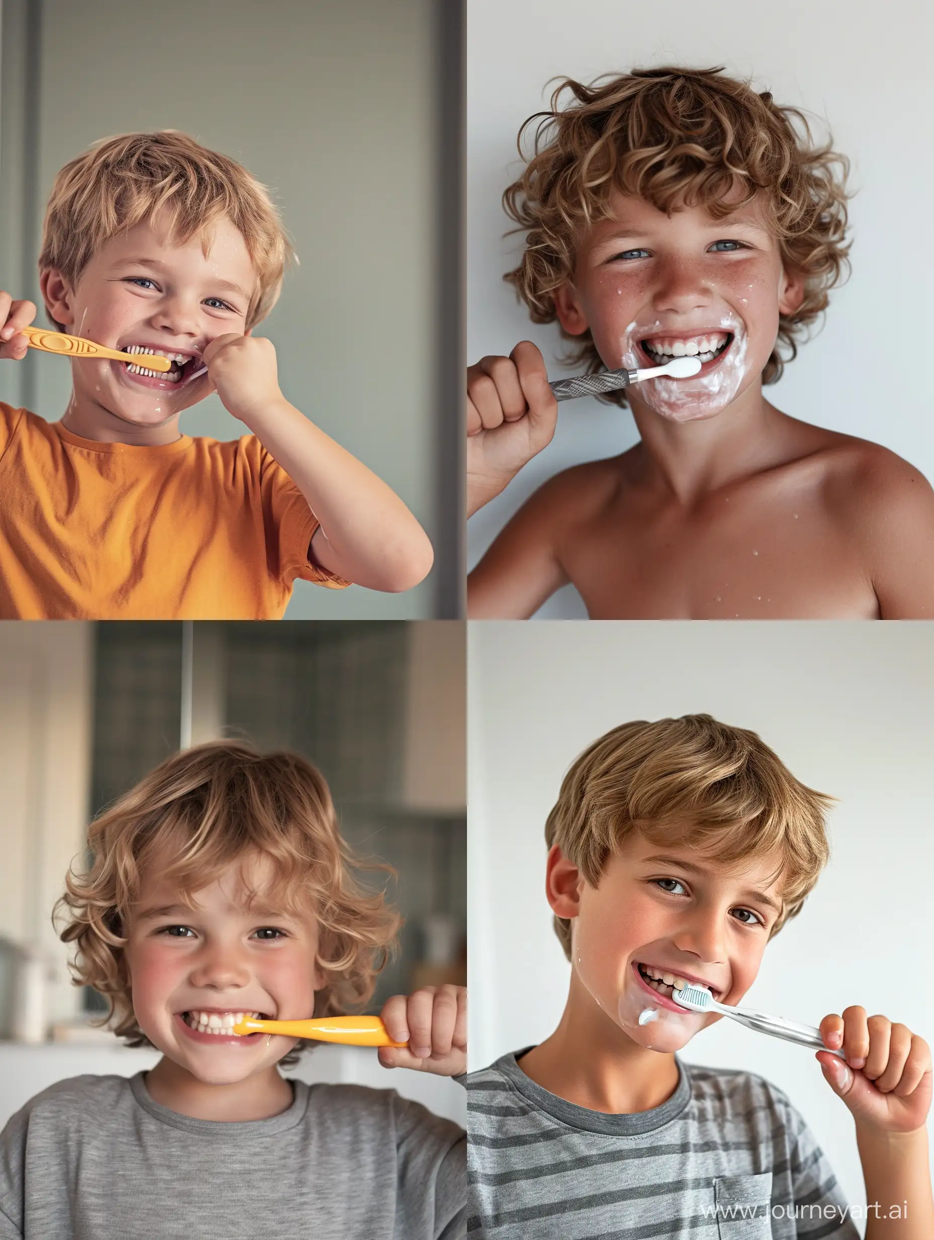 children smiling while brushing his teeth, photo-realistic, --v 6