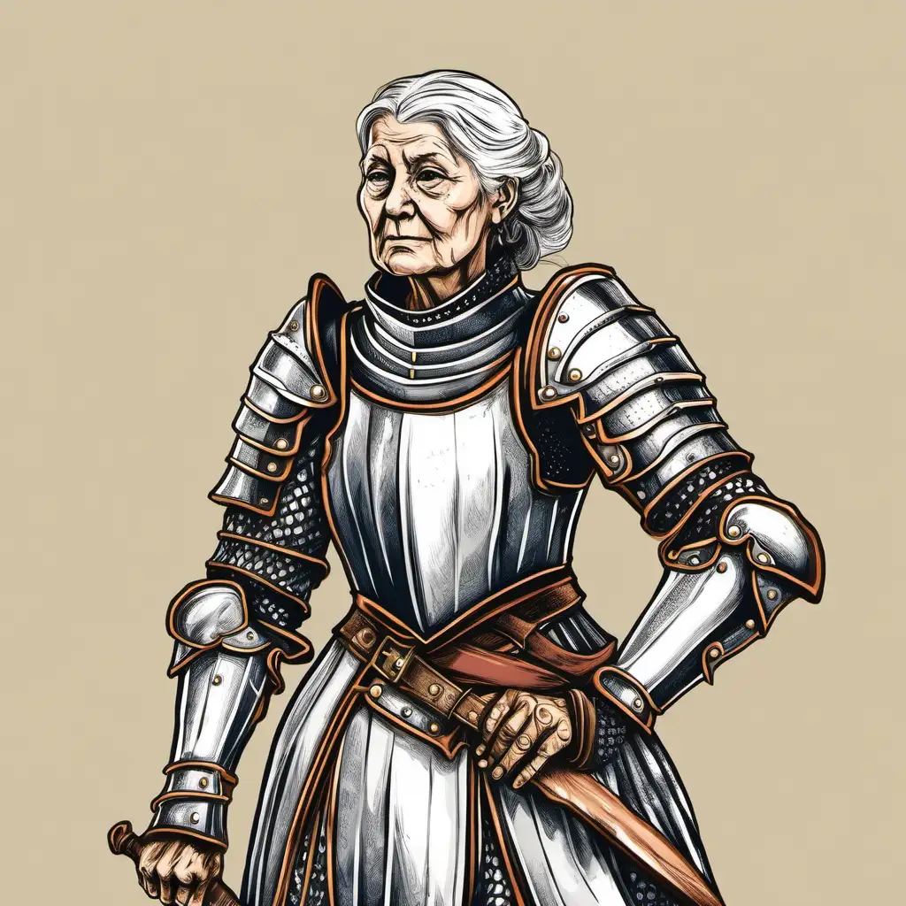 historical landsknetch elderly female wearing 
historical plate armor in hand drawn style

