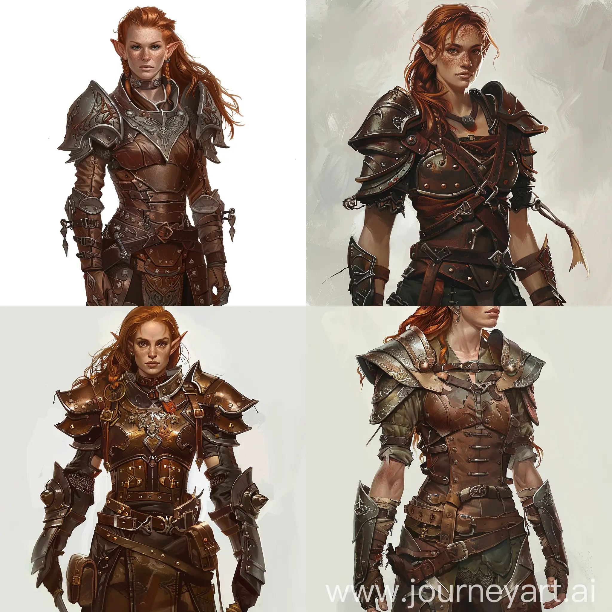 please generate a fantasy illustration of an elven woman, tall and strong, brown skin, ginger hair, heavy leather armor with metal plates