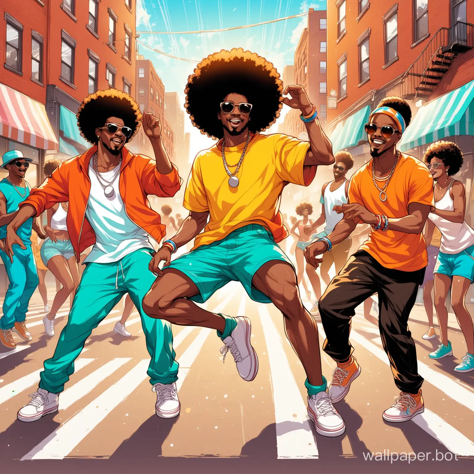 cool afro funky black  male Hip Hop dancers in the street of Brooklyn  dancing to funk in the summertime, illustration