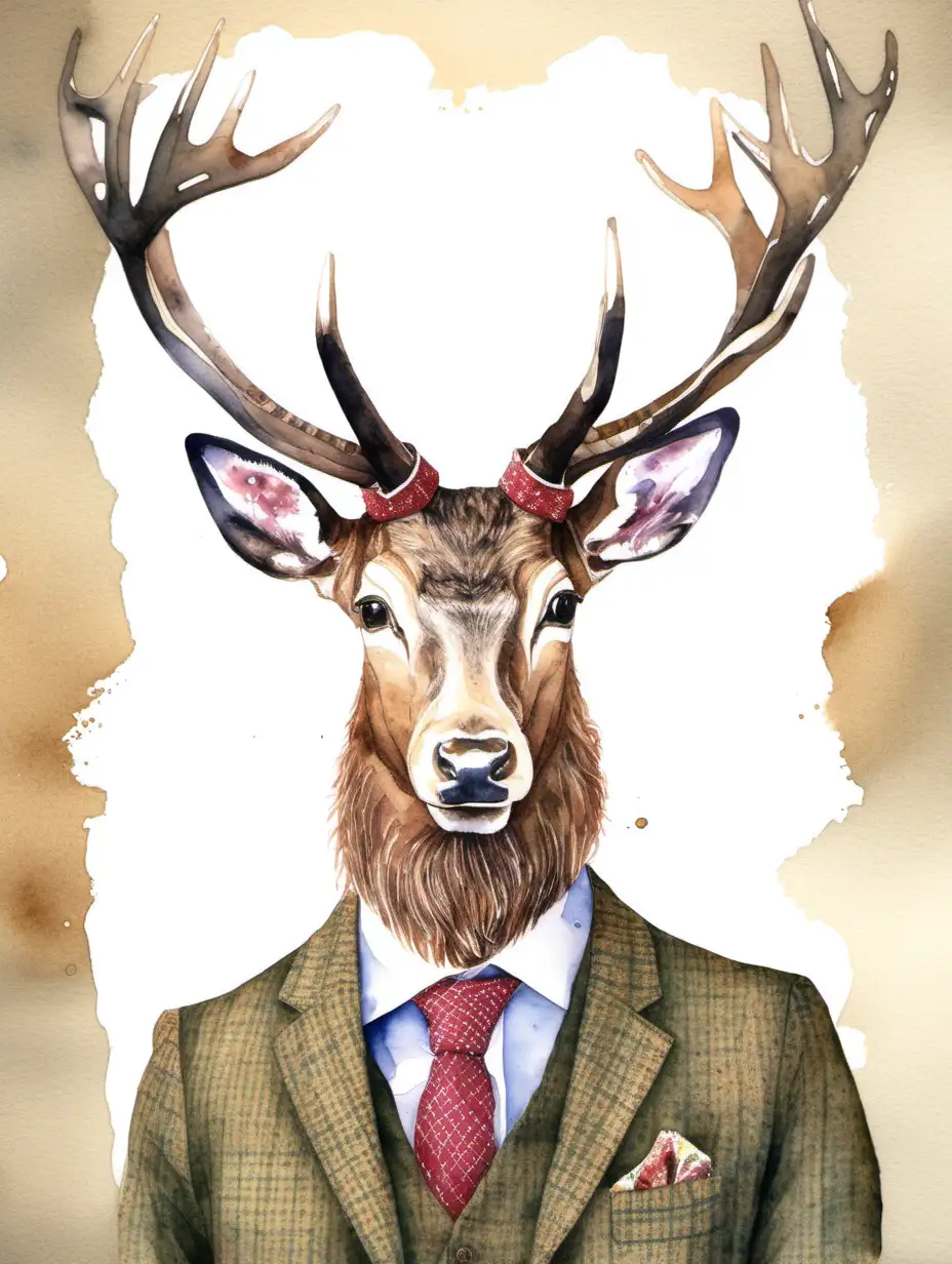 Majestic Stag Portrait in Watercolor with Tweed Attire