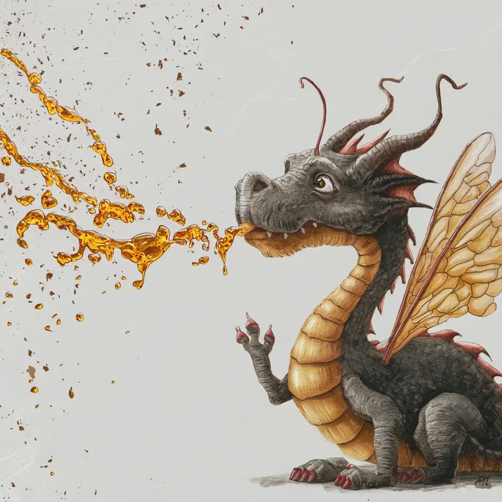 Honey-spitting dragon from the right side with bee wings with white background, hand drawed