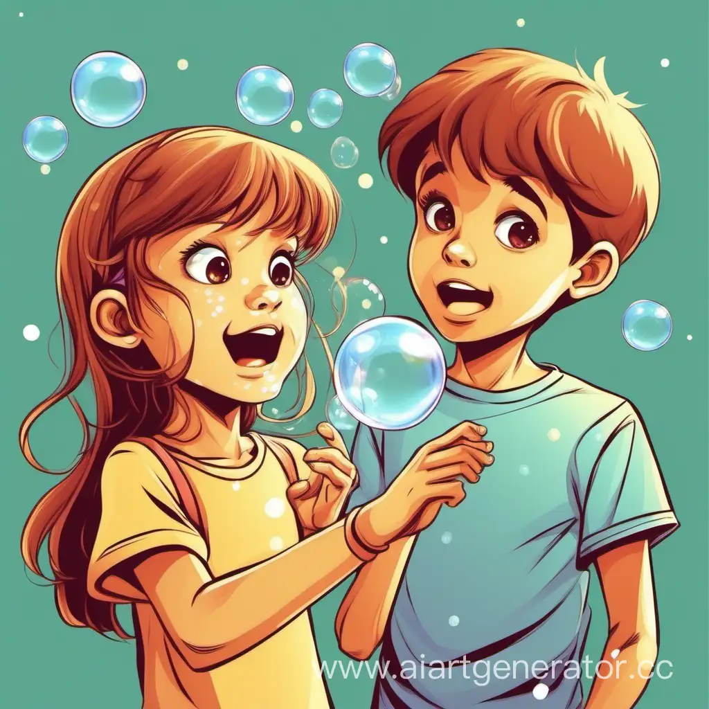 Парень подросток и его маленькая сестра вместе. Парень пускает мыльные пузыри, девочка поймала пузырь в руки, портрет, мультик