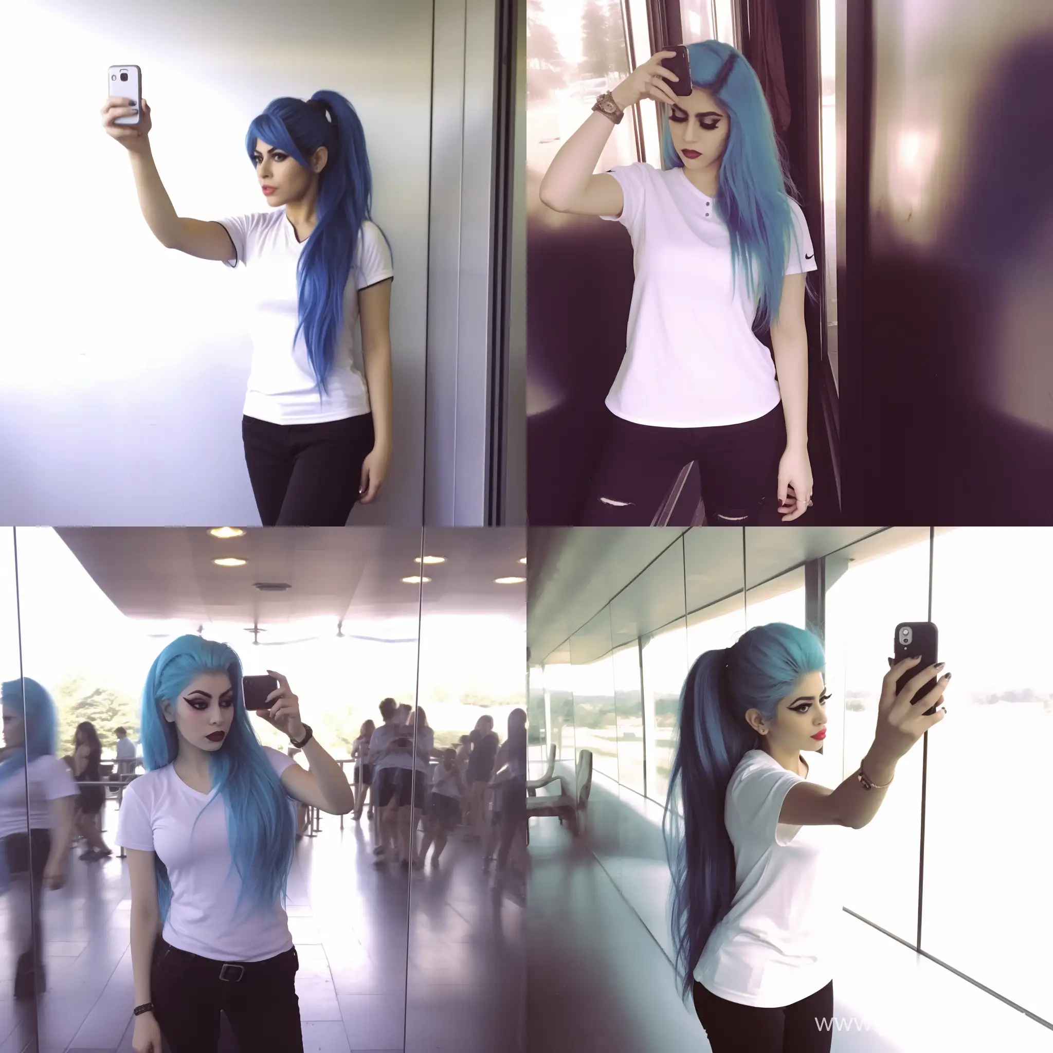 A girl with blue hair poses in a mirror and takes pictures of herself on her phone, HD, realistic, white shirt
