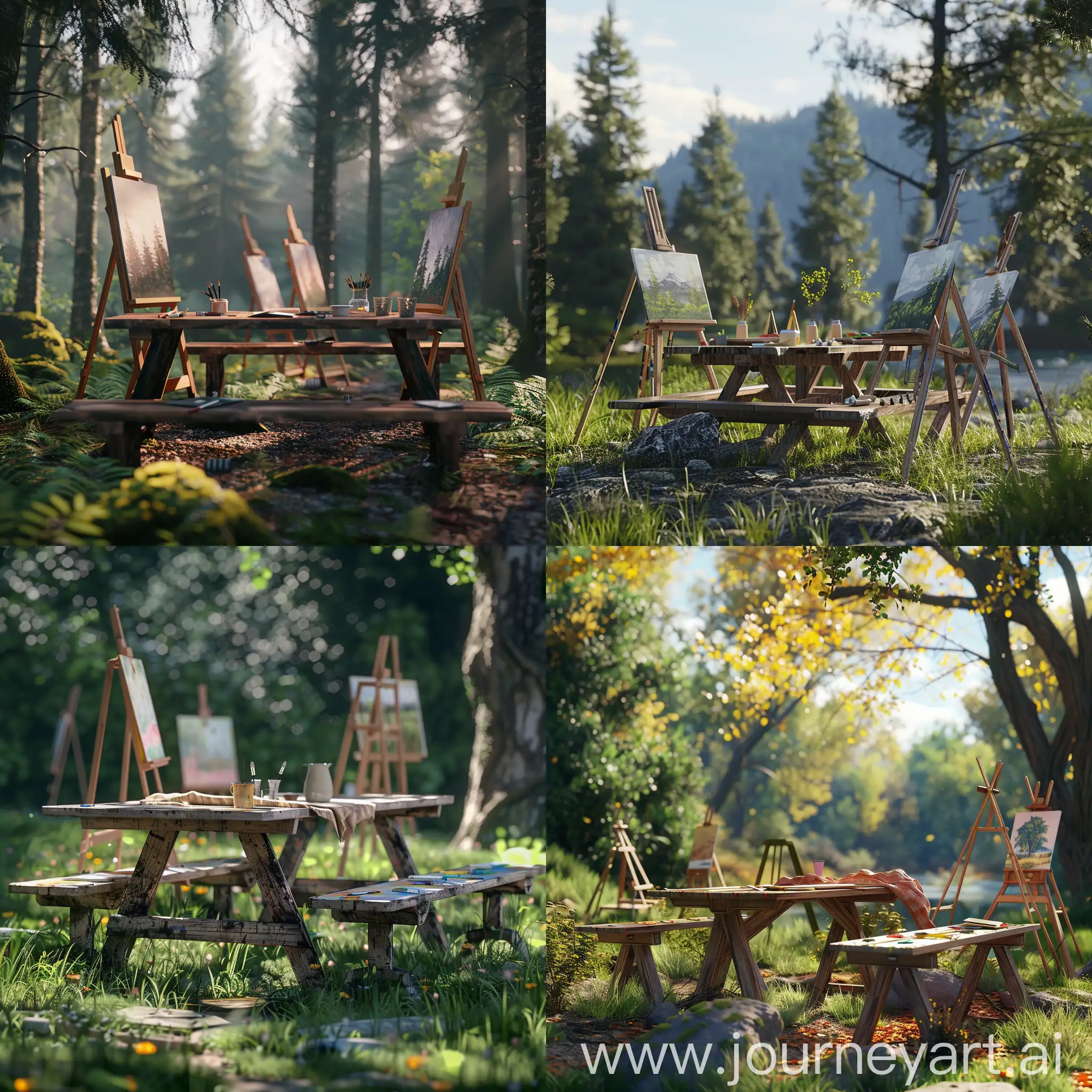photorealistic, picnic with the table, easels on the table