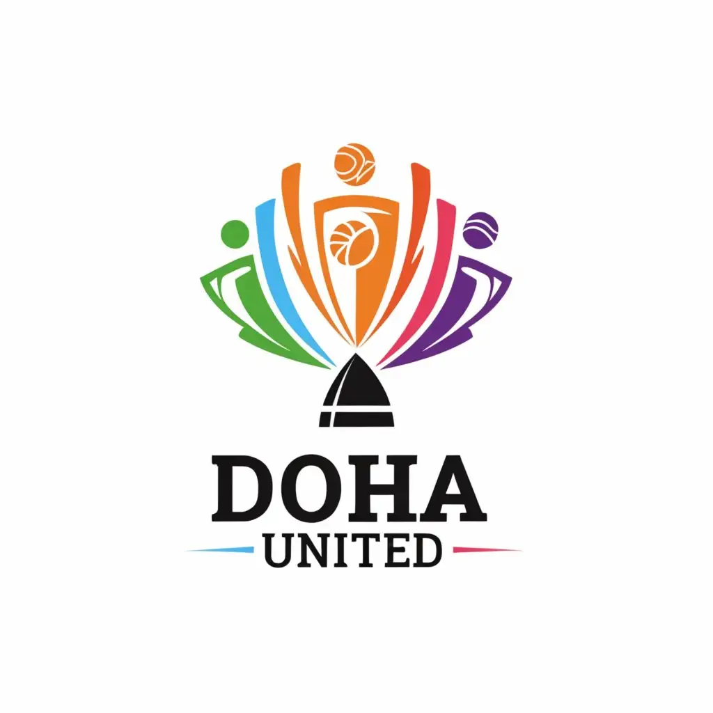 a logo design,with the text "Doha United", main symbol:Football, cricket, volleyball, badminton, trophy,complex,be used in Sports Fitness industry,clear background