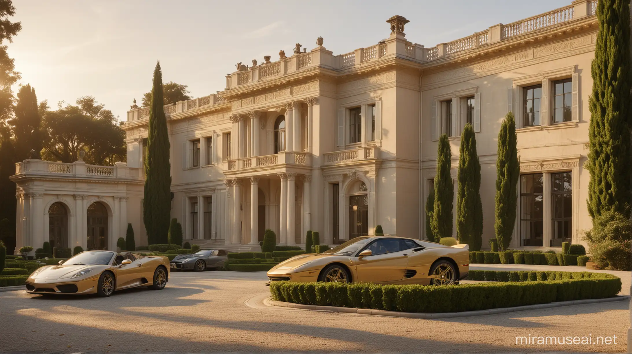 Opulent Beige Neoclassical Mansion with Manicured Gardens and Golden Ferrari
