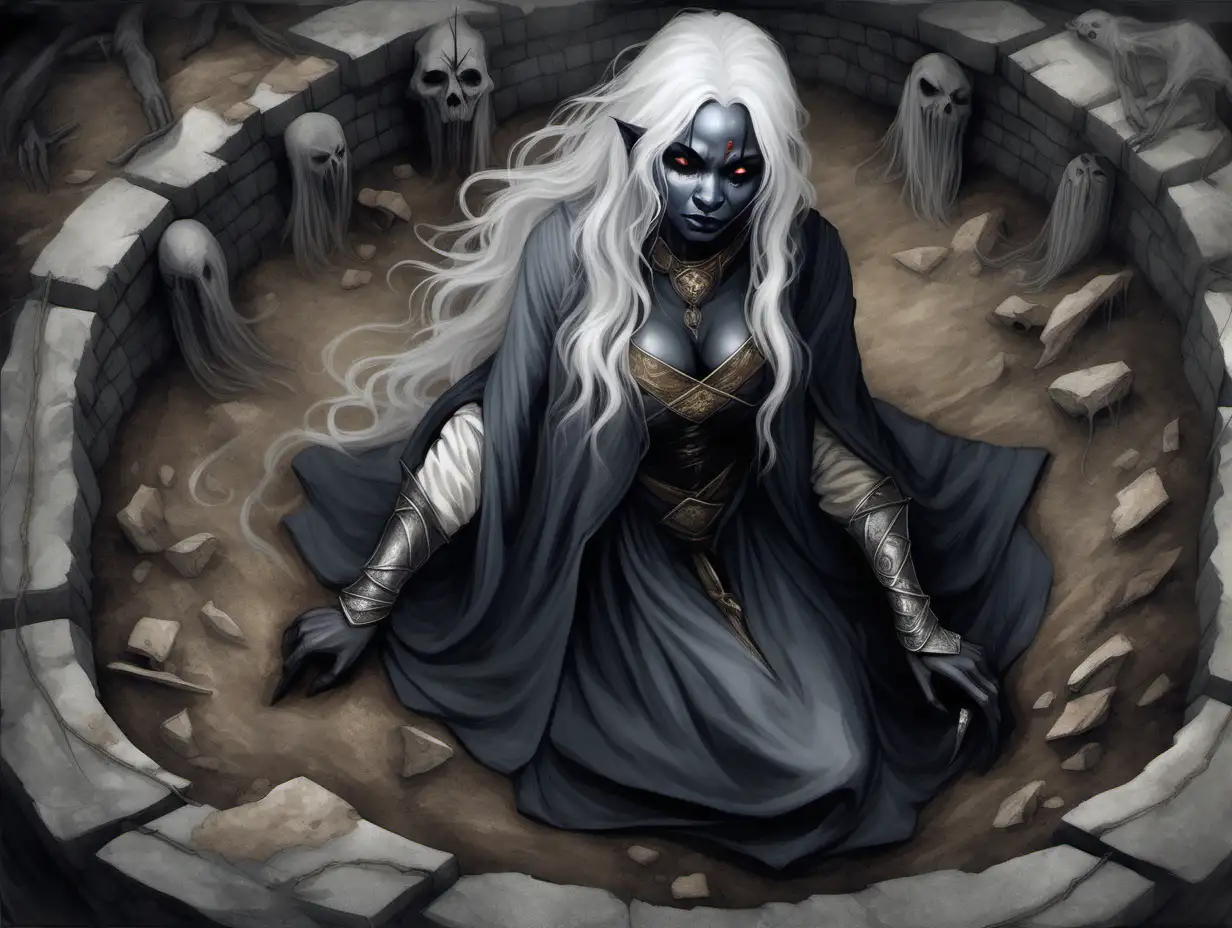 view from above, female drow, rags clothes, very dark gray skin, long white hair, clawing out of the dirt ground, Medieval fantasy painting