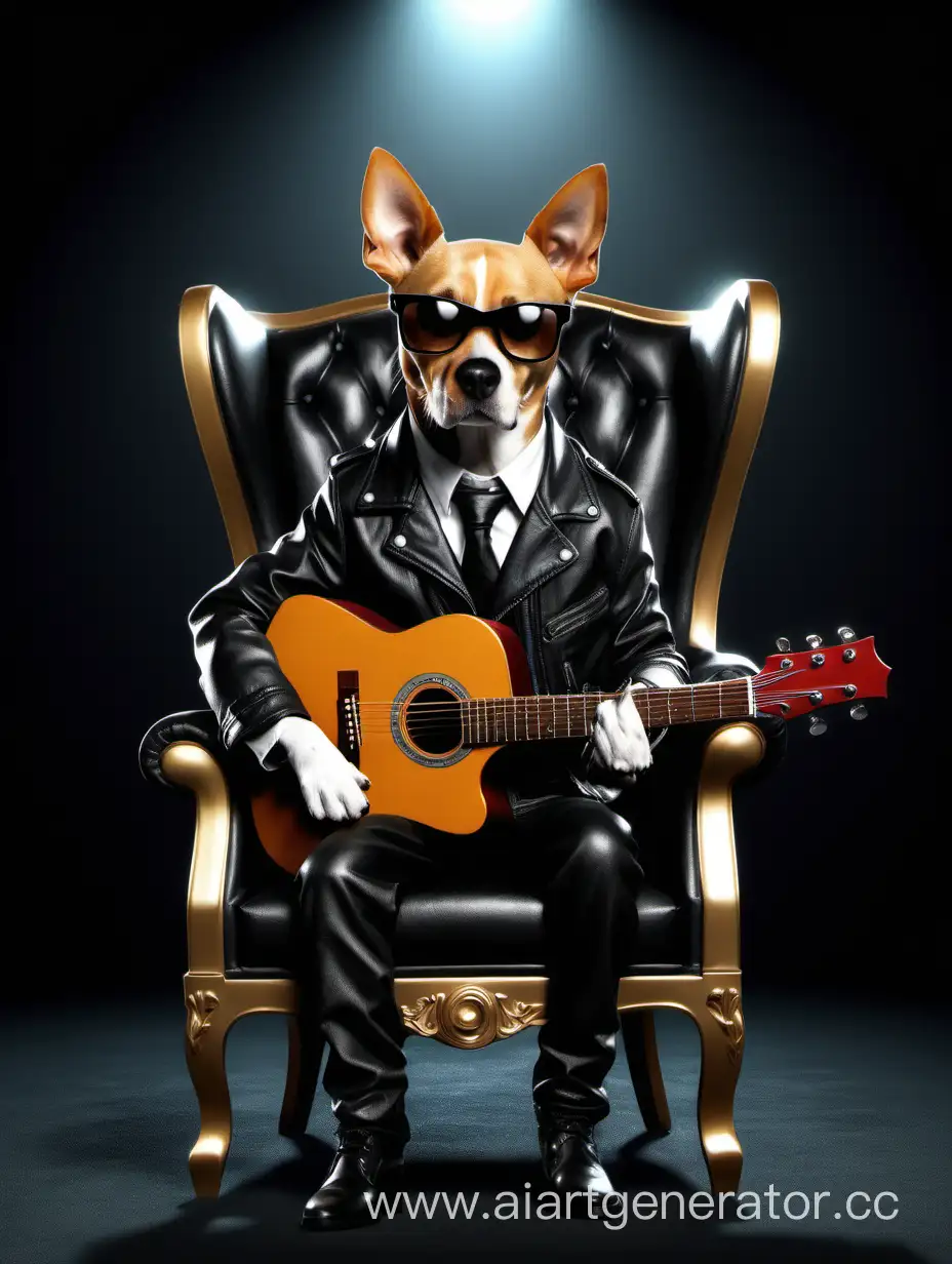Unique Logo Design for Poizon Paradise Online StoreVector Dog, sitting in an elegant chair, holding a guitar. It wears a stylish black leather jacket and a cool pair of glasses. The background of the image is black, giving a dramatic effect to the scene. The overall style of the image is an artwork.