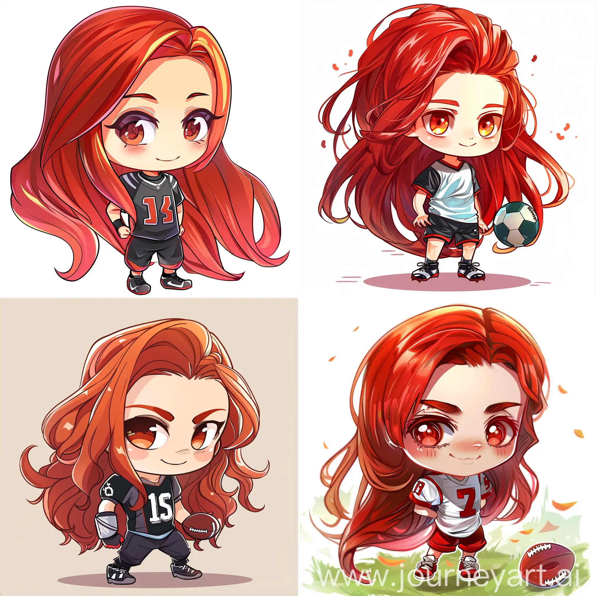 A football player boy with long and red hair.  tiny chibi style