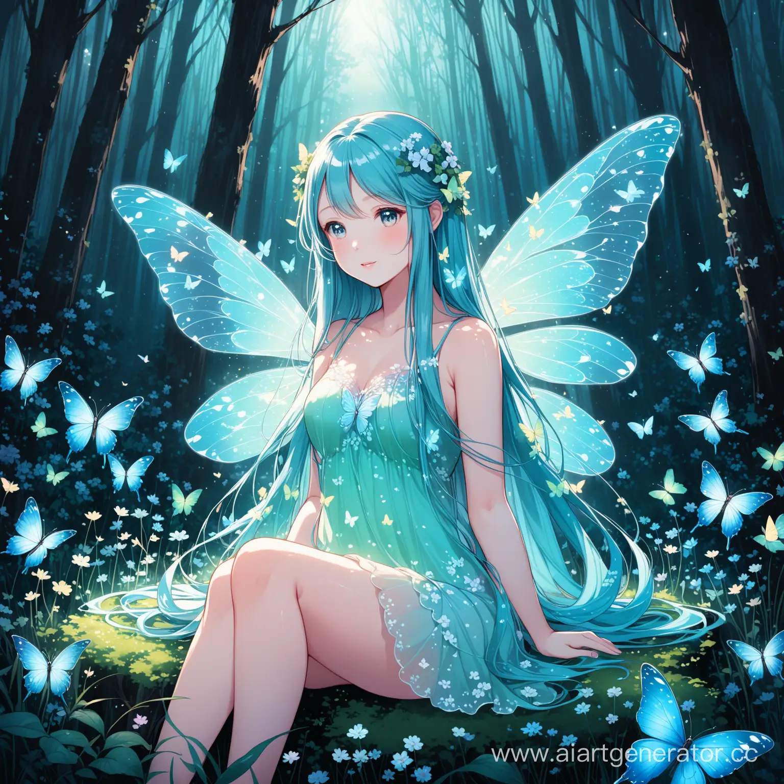 Ormanda, loş bir ışık,  bir peri kız oturuyor, etrafta rengarenk birkaç kelebek var. Kızın saçları uuzn ve güzel bir vücudu var. İlkbahar zamanı, etrafta çiçekler dolu. Kızın kanatları şeffaf hafif mavimsi bir renk.