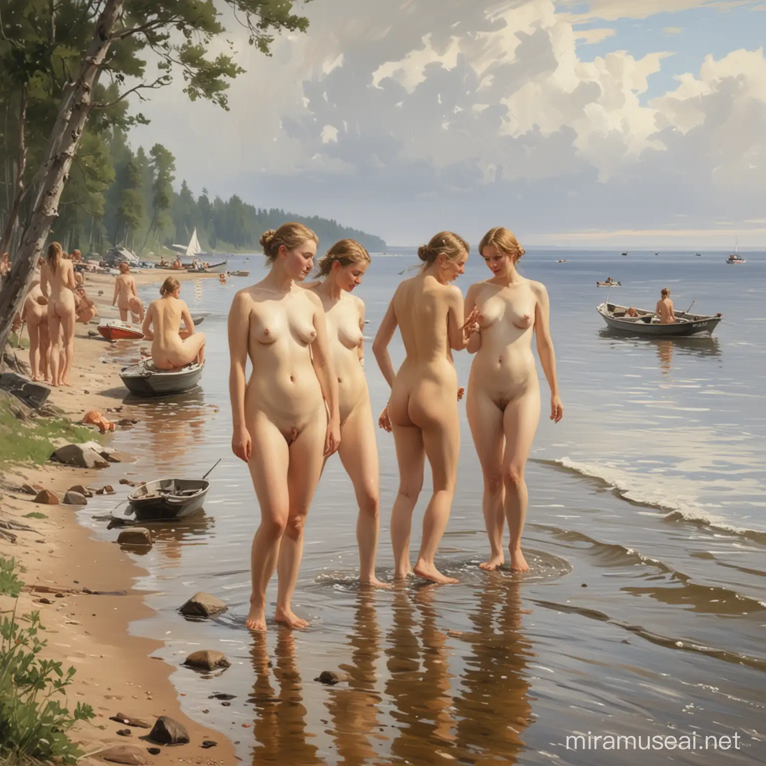 Nude Girls Bathing on Seashore with Distant Boats Inspired by Anders Zorn