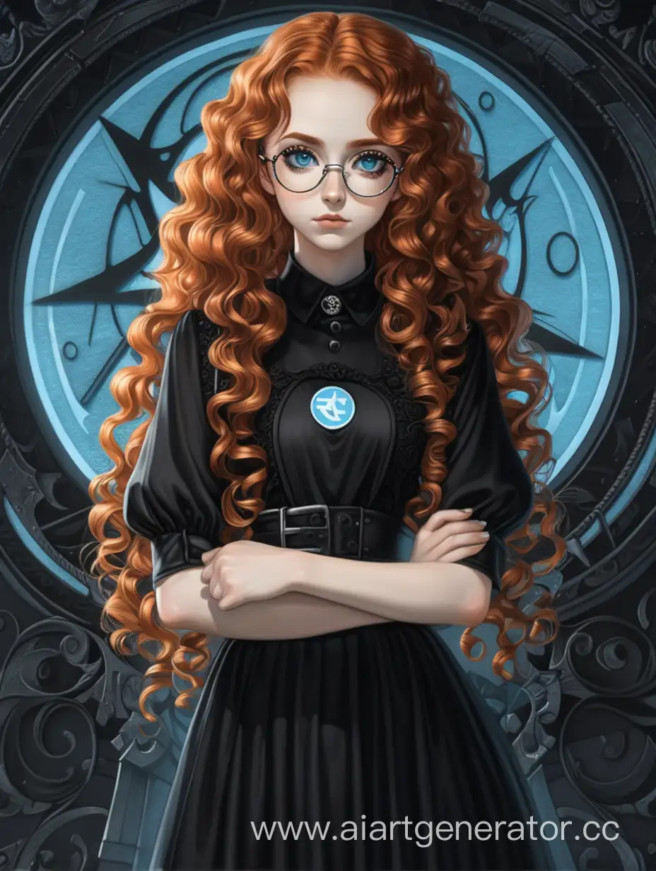 adult girl, long ginger curly hair, circle metal glasses, light blue eyes, girl in black gothic dress, background in soviet style, anime style of image