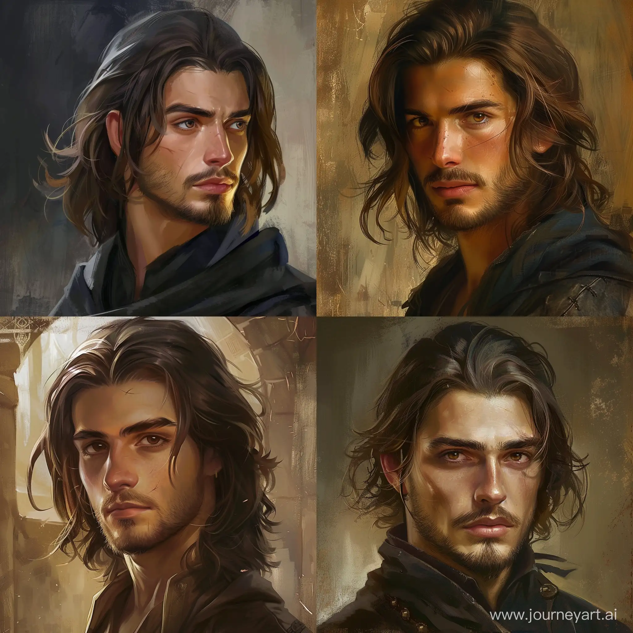 Twenty-five-year-old man, brunette, shoulder-length hair, stubble, brown eyes, sorcerer, sorcerer, the Middle Ages