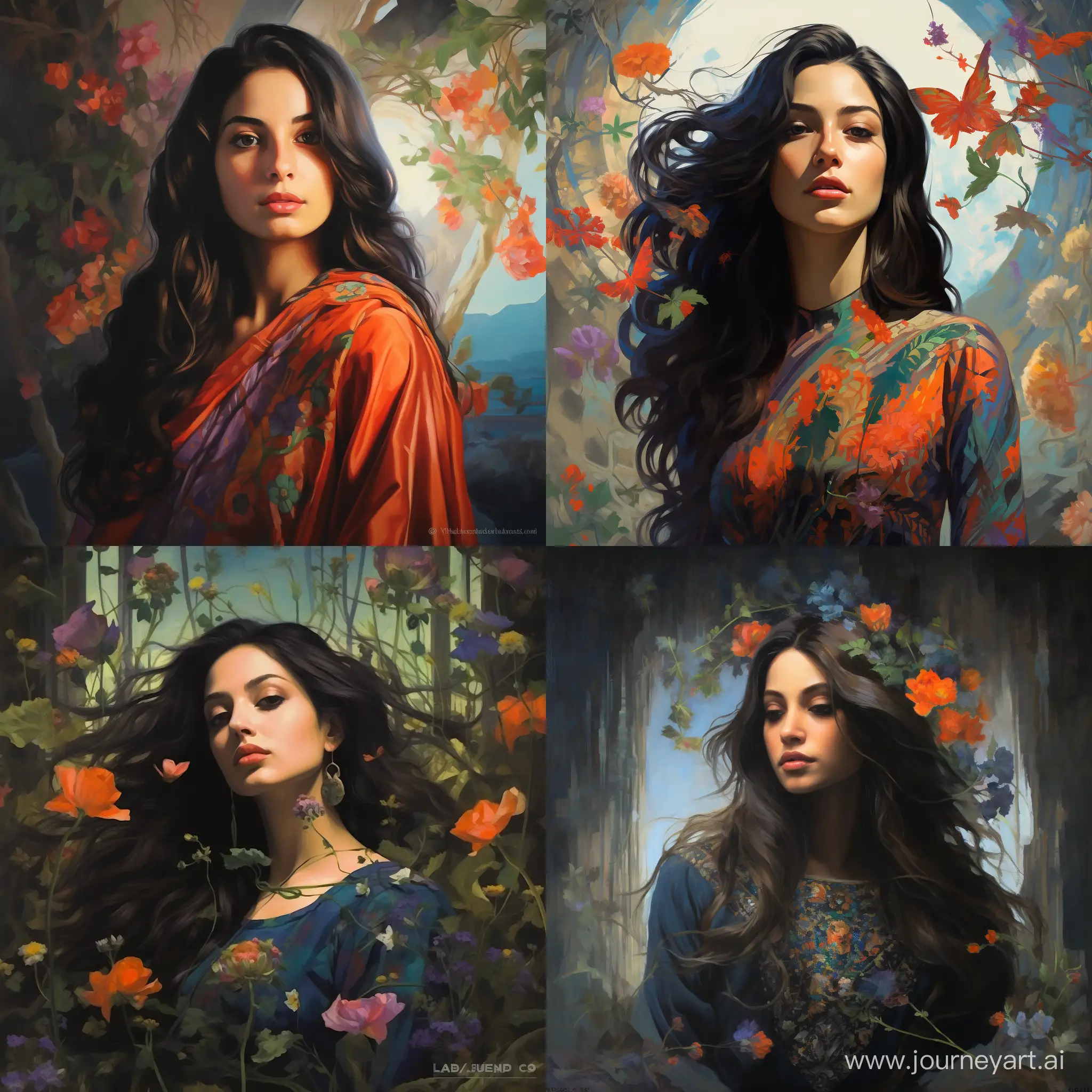 a surreal iranian woman portrait, vibrant, iridescent flora and fauna float weightlessly. The scene should exude an otherworldly tranquility, with a subtle interplay of light and shadow that defies conventional physics.