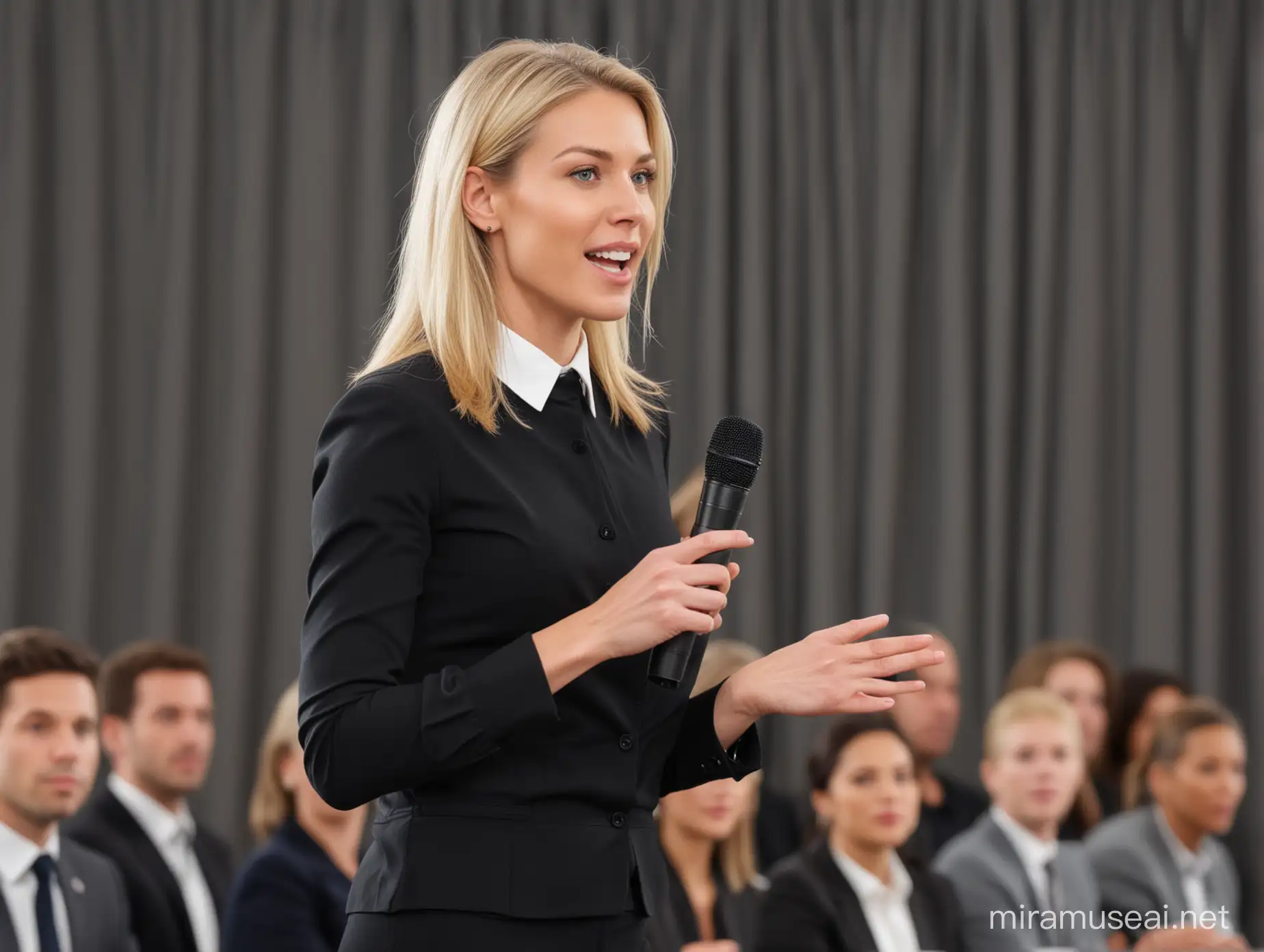 blonde woman wearing black business casual attire giving a speech