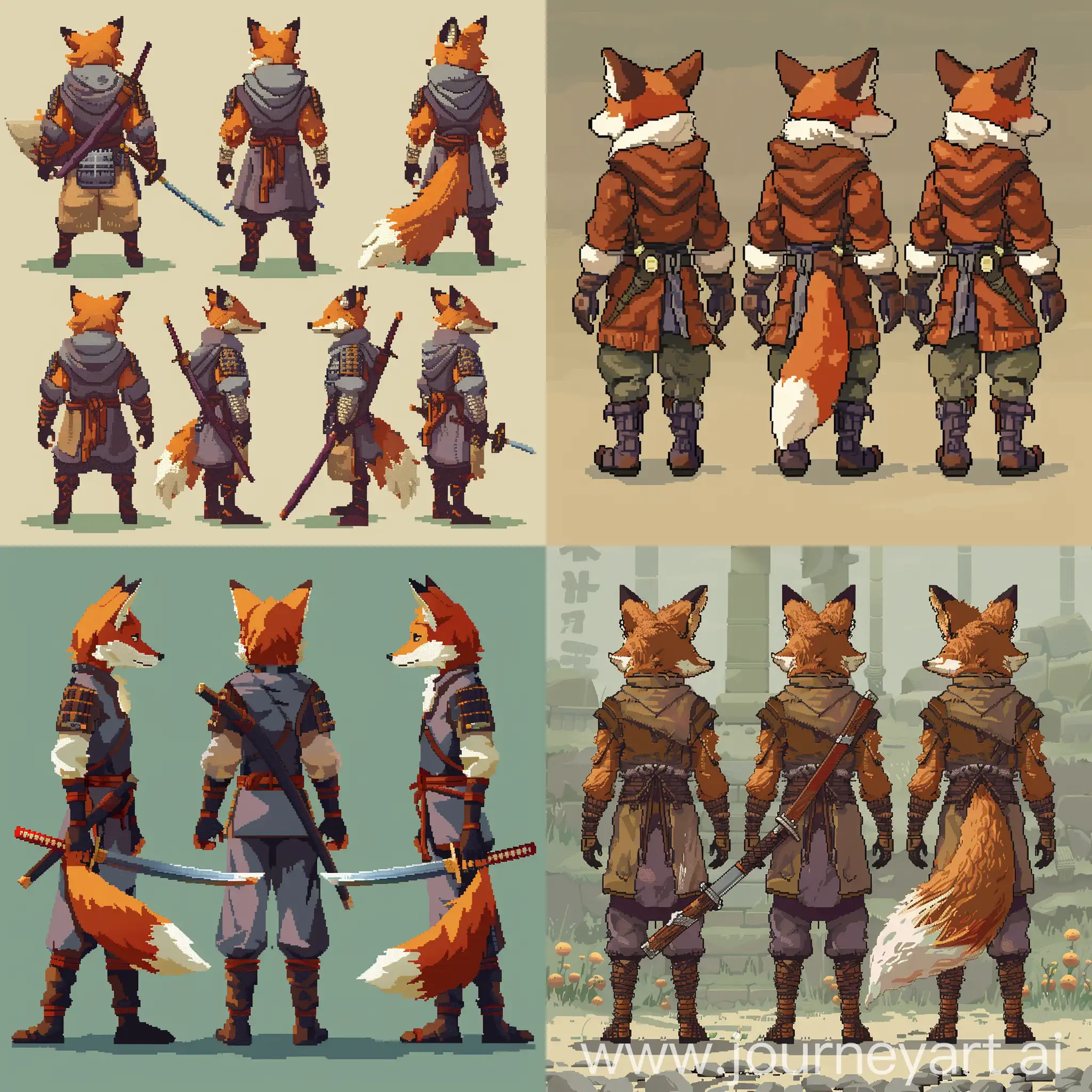 Создай персонажа лис-мечник в стиле pixel art и чтобы у него было четыре вида ( сзади, спереди, с правого боку и левого).